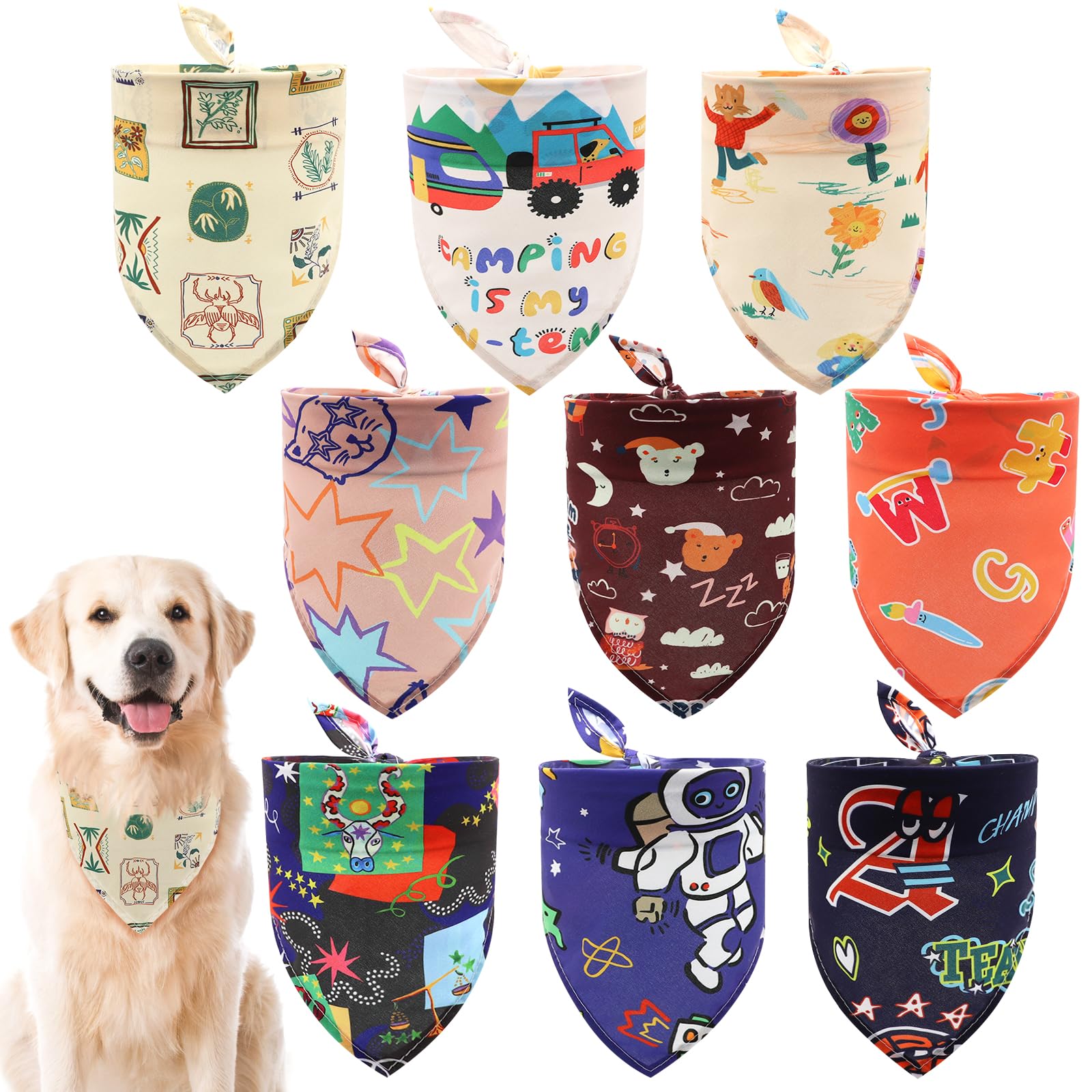 COMSUN 9 Pack Dog Bandanas, Polyester Dog Bandana Bulk for Boy Girl, Pet Scarf Washable, Cartoon Pattern