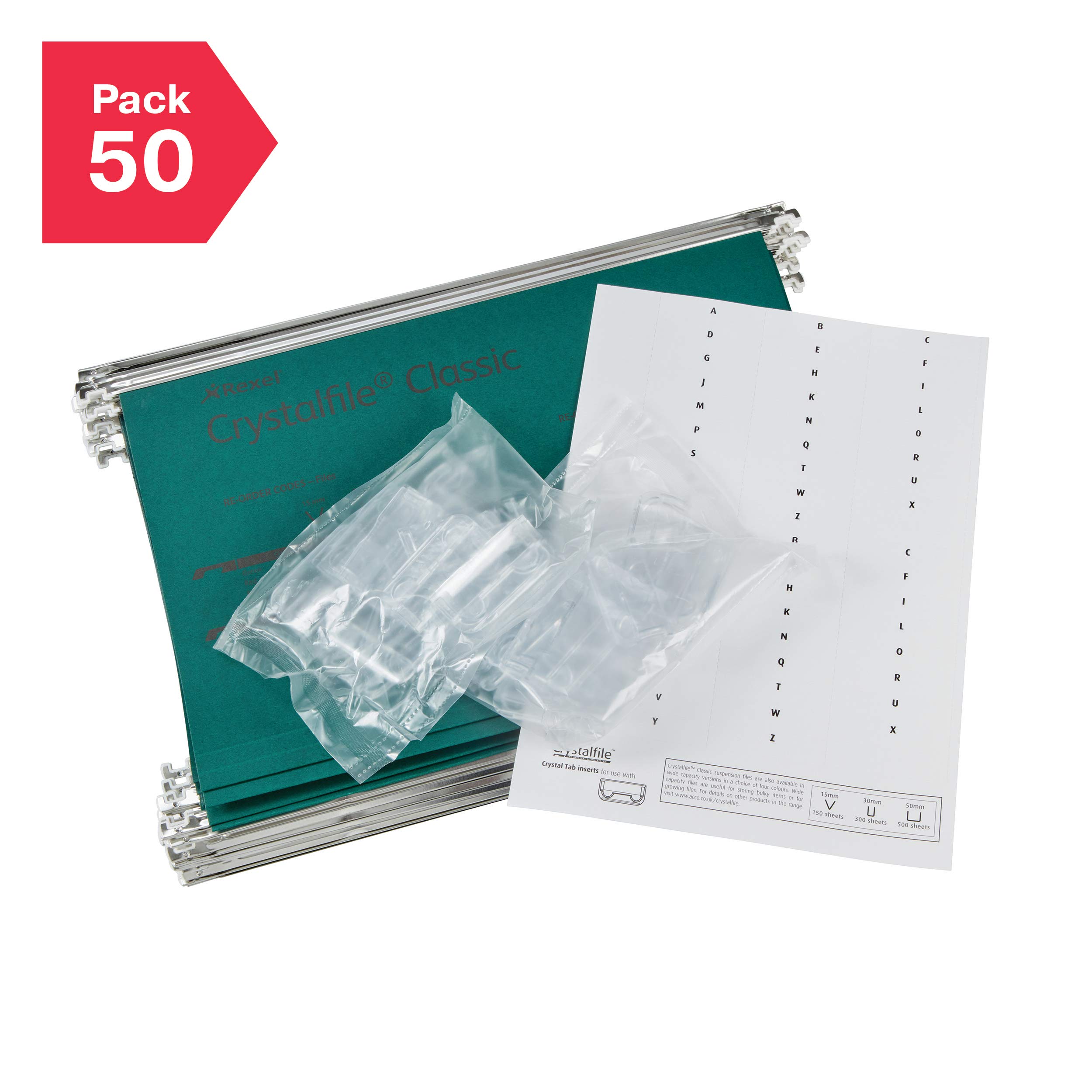 Rexel Foolscap 78016 - Limette sospese con linguette e inserti per schedari, base a V 15 mm, 100% Manilla riciclata, verde, Crystalfile Classic, confezione da 50