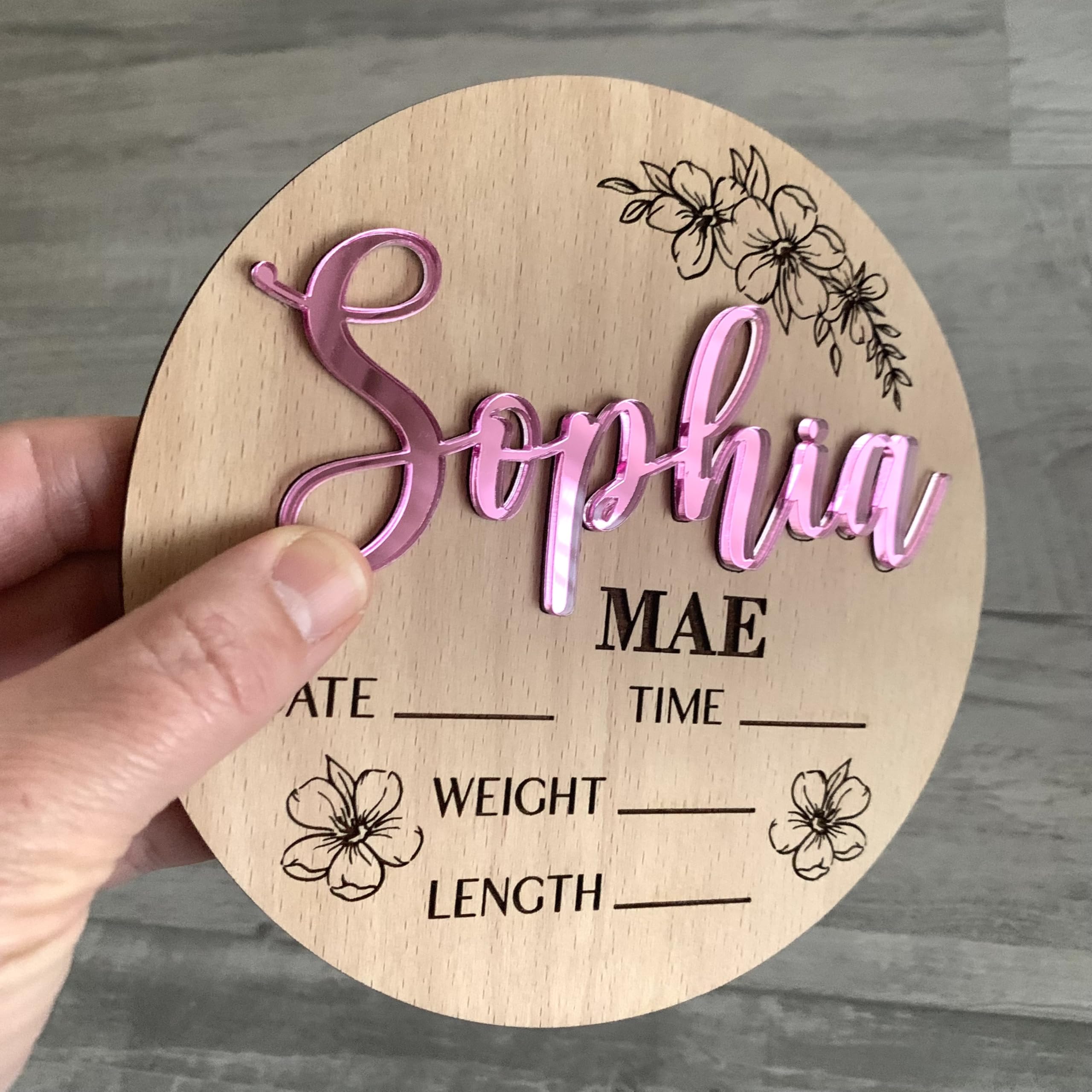 Panneau de Naissance Personnalisé en Bois 3D avec Fleurs – Plaque Prénom Bébé – Annonce de Naissance Unique – Cadeau Nouveau-né – Décoration Chambre Bébé - Accessoires photo pour l'hôpital (Design 1)