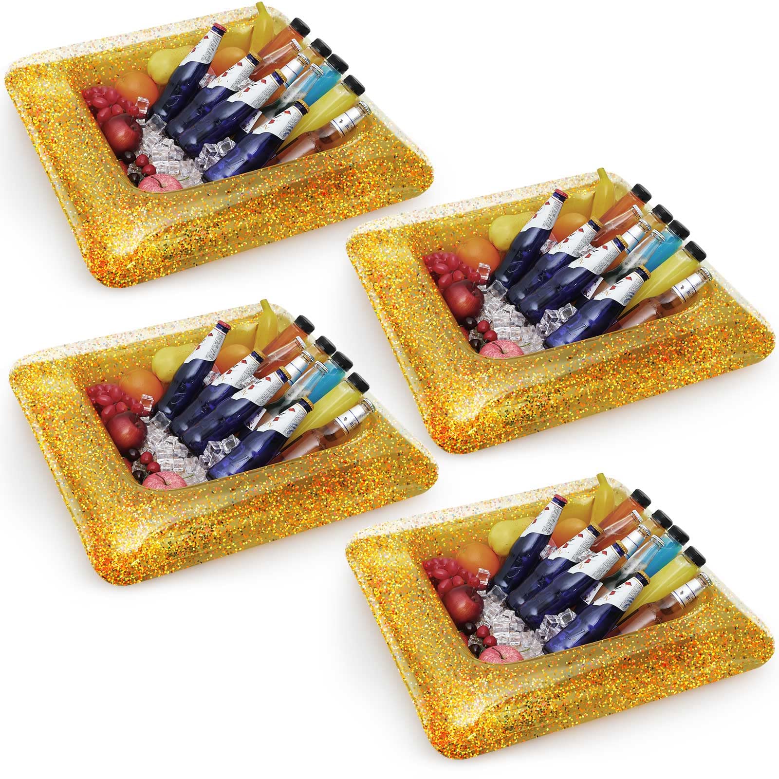meekoo 4 Pieces 25 x 25 Inch Inflatable Buffett Cooler Inflatable Food Cooler Buffet Serving Bar Tray with Glittering Confetti for Serving Food Cooler with a Drain Plug Pool Buffet Cooler (Gold)