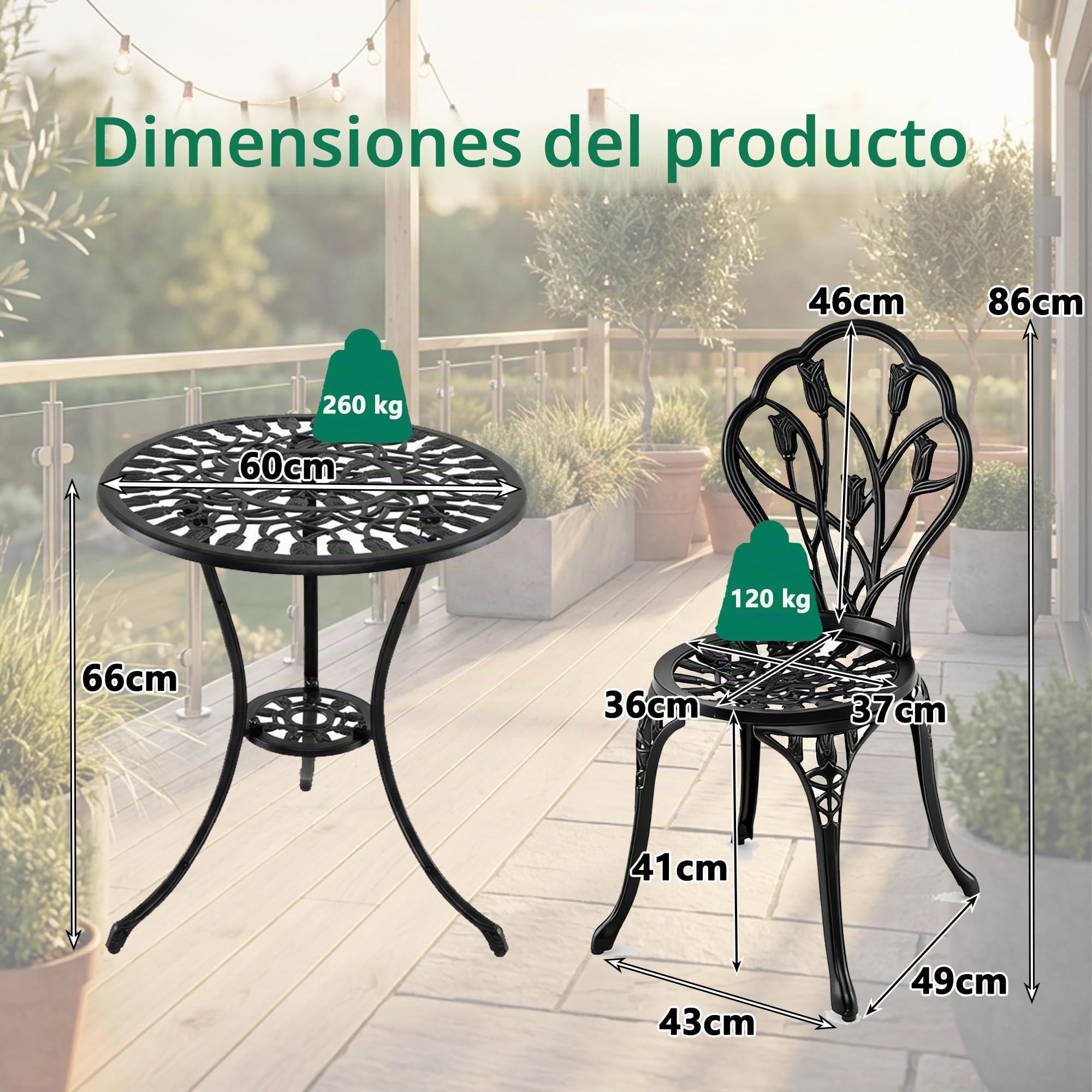 GIANTEX Juego de mesa de bistró de aluminio fundido - Juego de 3 piezas - Mesa con 2 sillas para jardín, balcón y piscina - Color verde bronce / blanco (tulip negro)