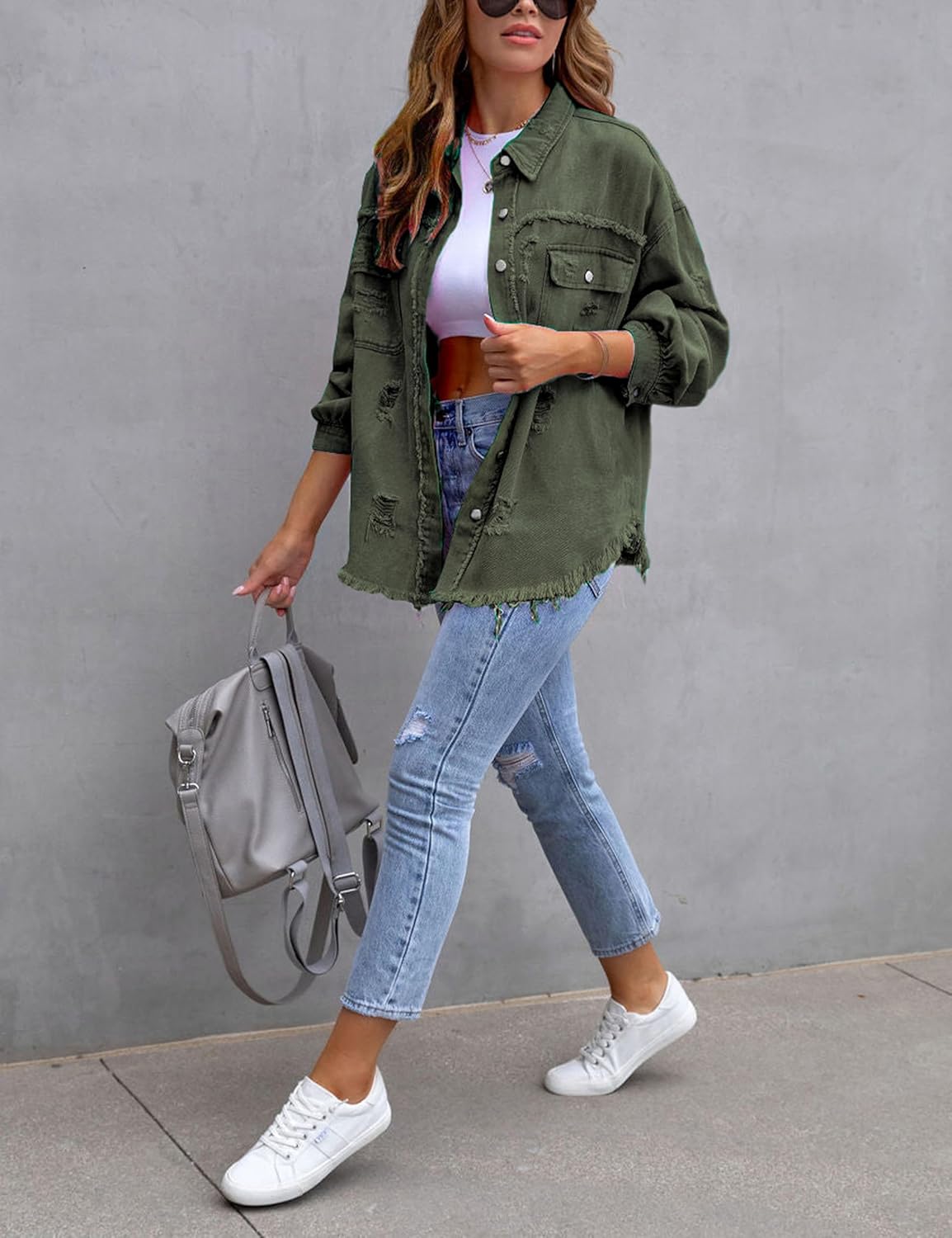Womens Ripped Distressed Denim Jacket Tops Oversized Casual Long Sleeve Basic Jean Jacket Coats - Image 4