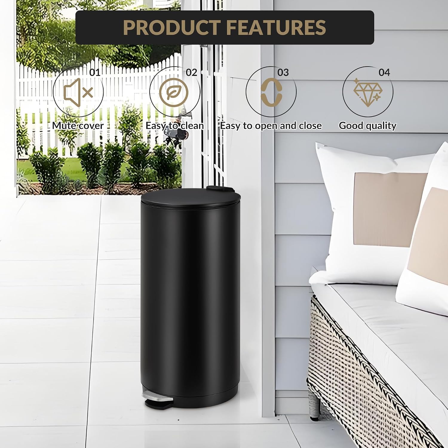Towallmark 30L/8Gal Round Trash Can, Stainless Steel Garbage Can with Soft Close Lid, Step-On Garbage Bin with Removable Inner Bucket and Foot Pedal, Removable Inner Bucket for Living Room, Kitchen