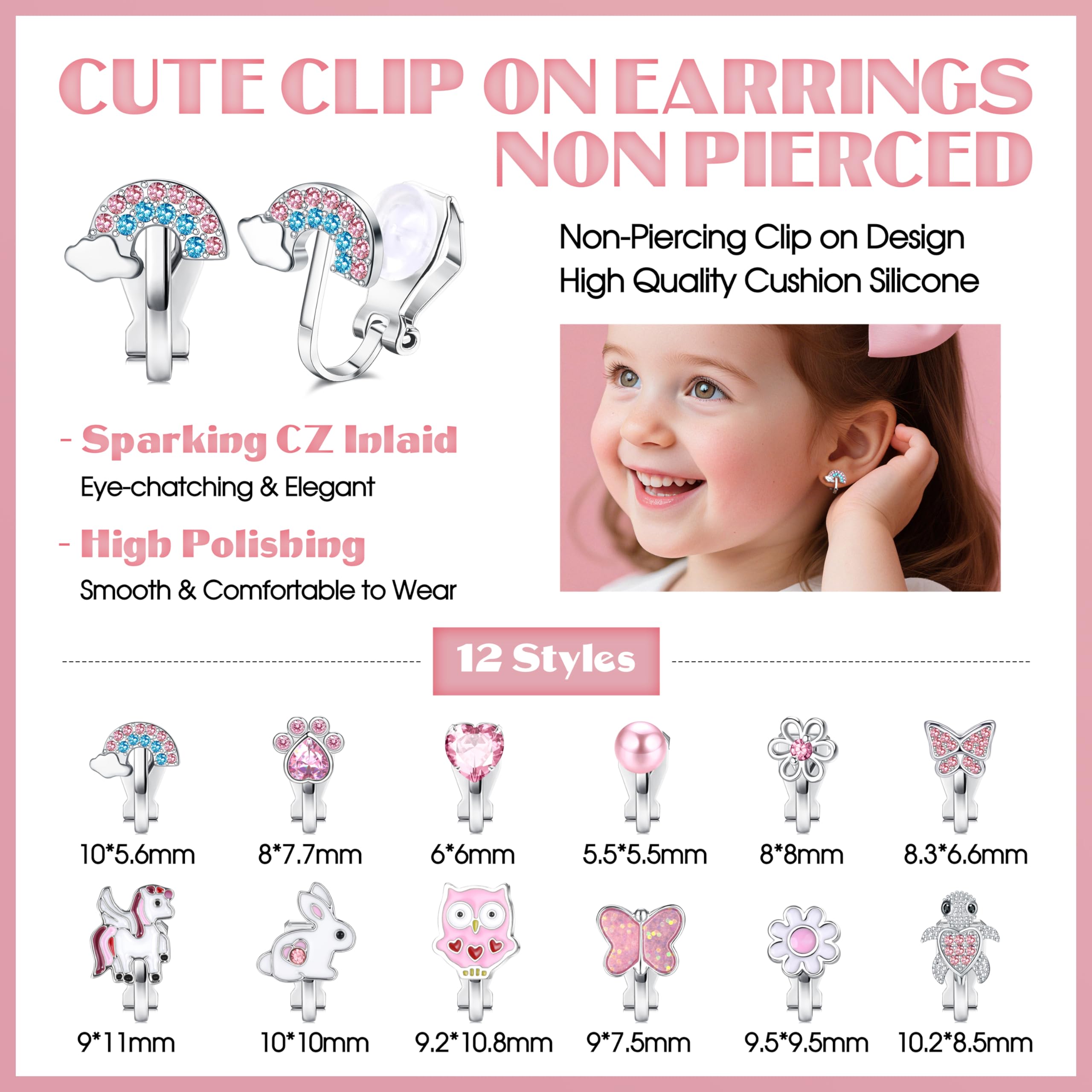 FIOROYAL 12 Paar Kinder Ohrringe Mädchen Hypoallergene Clip Ohrringe Ohne Ohrloch Niedlicher Schmetterling Regenbogen Blume Perle Stern Ohrclips Kinder Schmuck für Mädchen