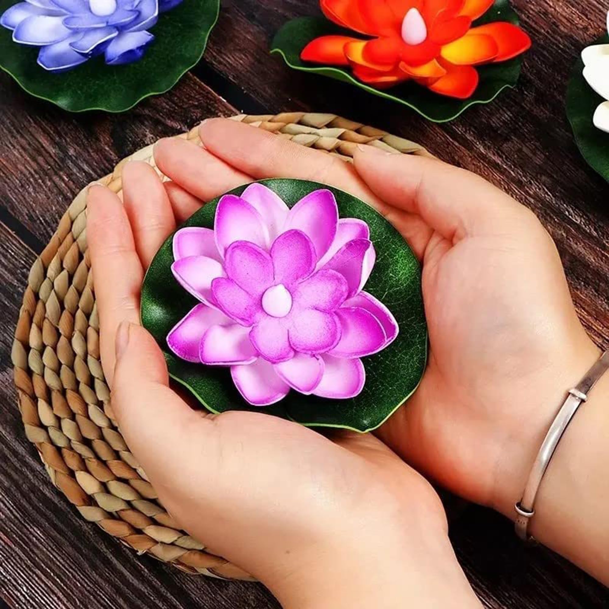 BIRMON Floating Candle Night Lighting Bath Wedding Lamp | Waterproof Lotus Romantic Beautiful Water Sensor Diya LED Candles for Home Decoration | Diwali Gift I Flower Water Light Diya (Pack of 6) - Image 5 thumbnail