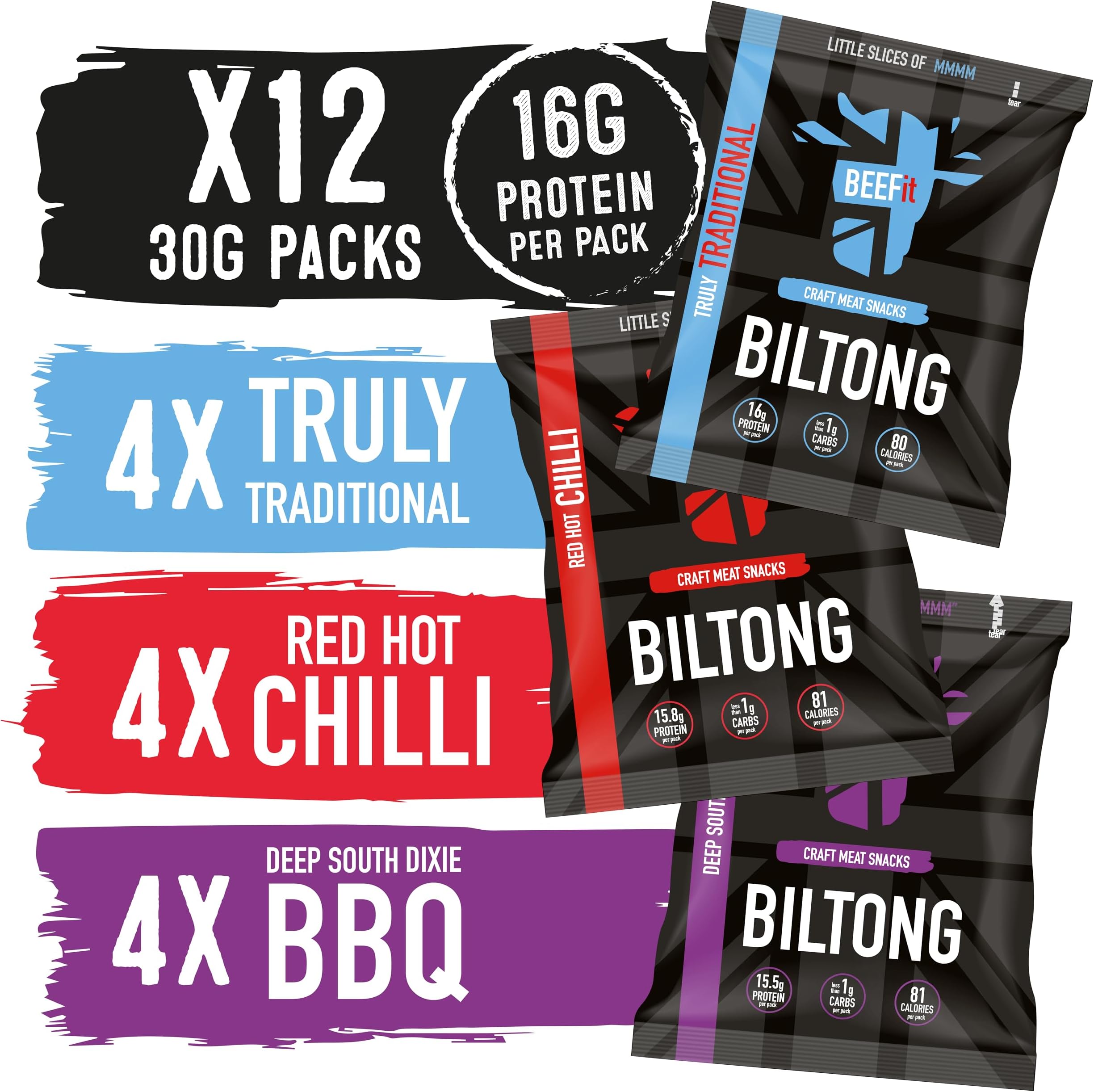 BEEFit Biltong Beef Jerky Flavour Fest - One Bag of Each Flavour - Traditional, Red Hot Chilli & BBQ - Healthy High Protein Snacks, Gluten Free, Perfect for On-The-Go (12x30g)