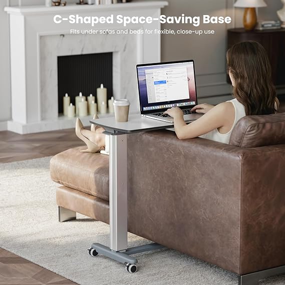 EUREKA ERGONOMIC Overbed Table with Wheels, 35.4 Pneumatic Adjustable Bedside Desk with C-Shaped Base, HPL Top, Aluminum Frame, Lockable Casters, for Home Care, Office, Sofa, Bedside, Light Greige