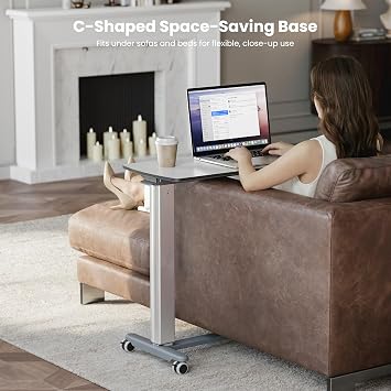 EUREKA ERGONOMIC Overbed Table with Wheels, 35.4 Pneumatic Adjustable Bedside Desk with C-Shaped Base, HPL Top, Aluminum Frame, Lockable Casters, for Home Care, Office, Sofa, Bedside, Light Greige