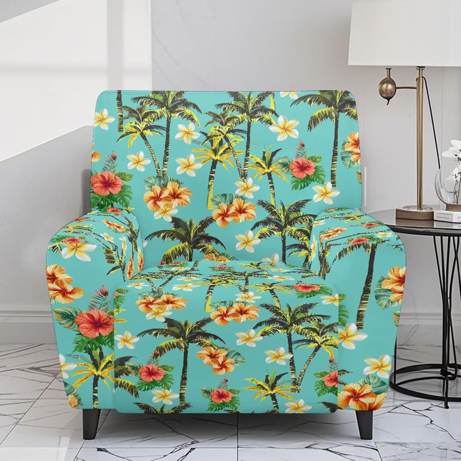 Tropical Hawaii Palm Trees Floral Print Recliner Sofa Covers Frangipani Flowers Pattern Recliner Chair Covers with Pocket Stain Resistant Lazyboy Reclining Slipcover, Blue