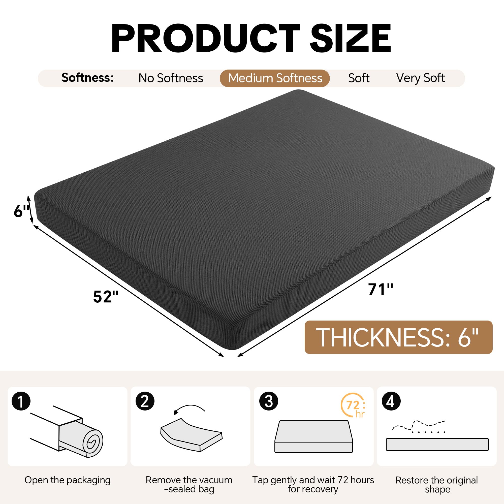 MABOZOO 6 Inch Full Size Futon Mattress, Foldable Futons Sofa Couch Bed Foam Floor Mattress Fits Futon Frames (Frame Not Included, Gray)