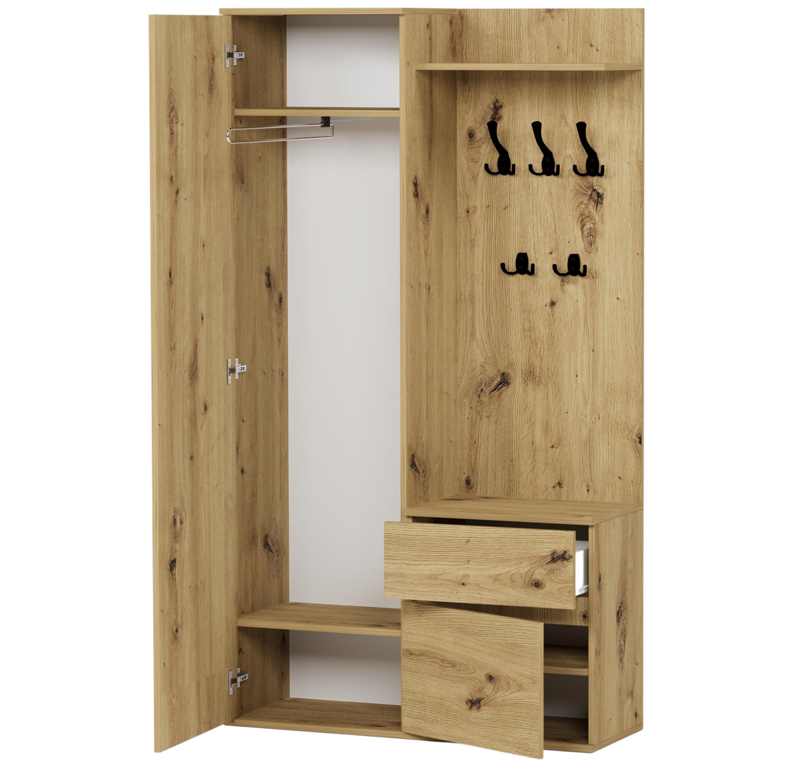 Flurgarderoben-Set Artisan Eiche 100 cm 3-teilig Schrank mit Spiegel Garderobenpaneel mit Ablage Schuhschrank mit Schublade Modern V-5
