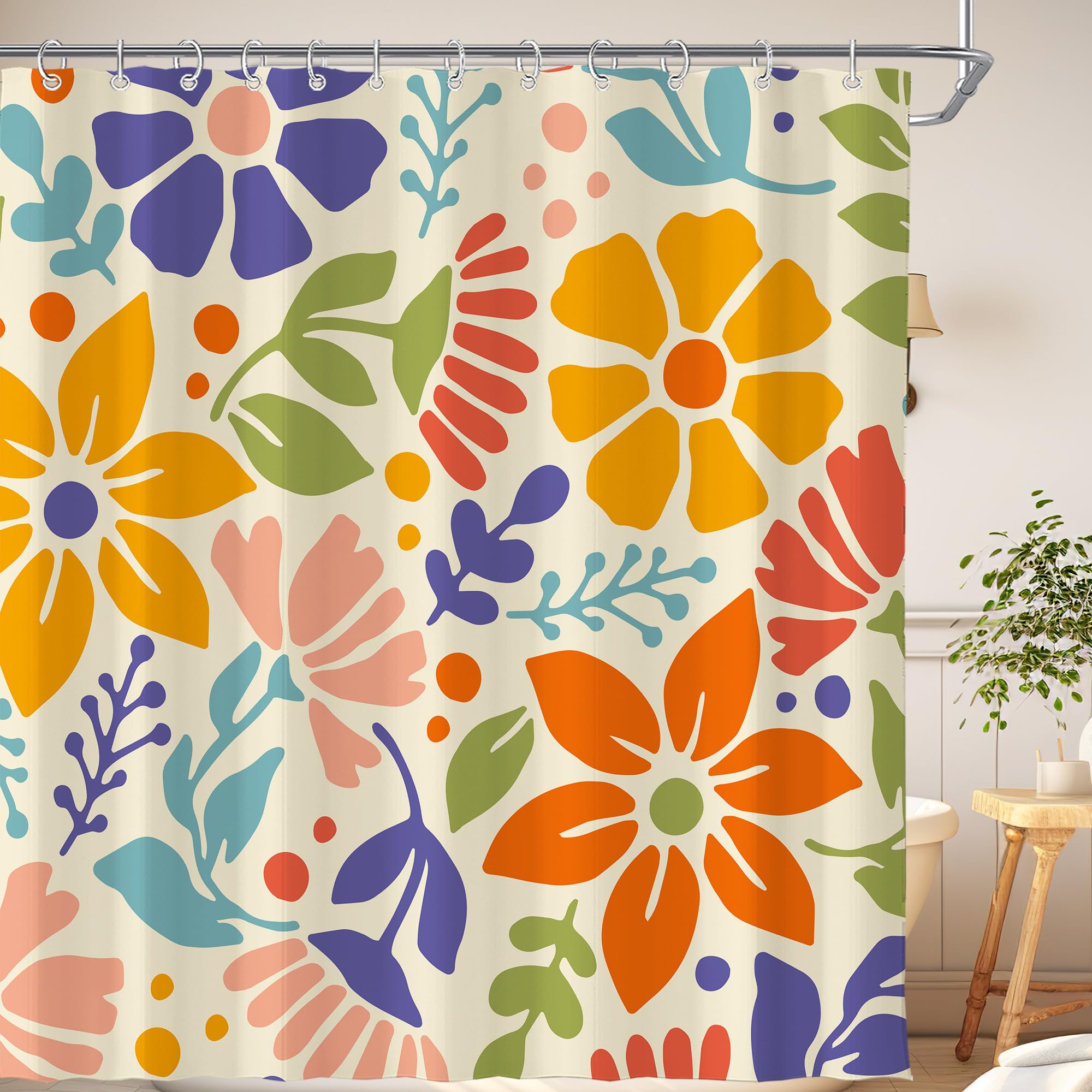 Cute Retro Colorful Abstract Floral Aesthetic Flower Shower Curtain for Bathroom 72W*72H Inch Groovy Daisy Funky Vintage Bathtub Decor Modern Trendy