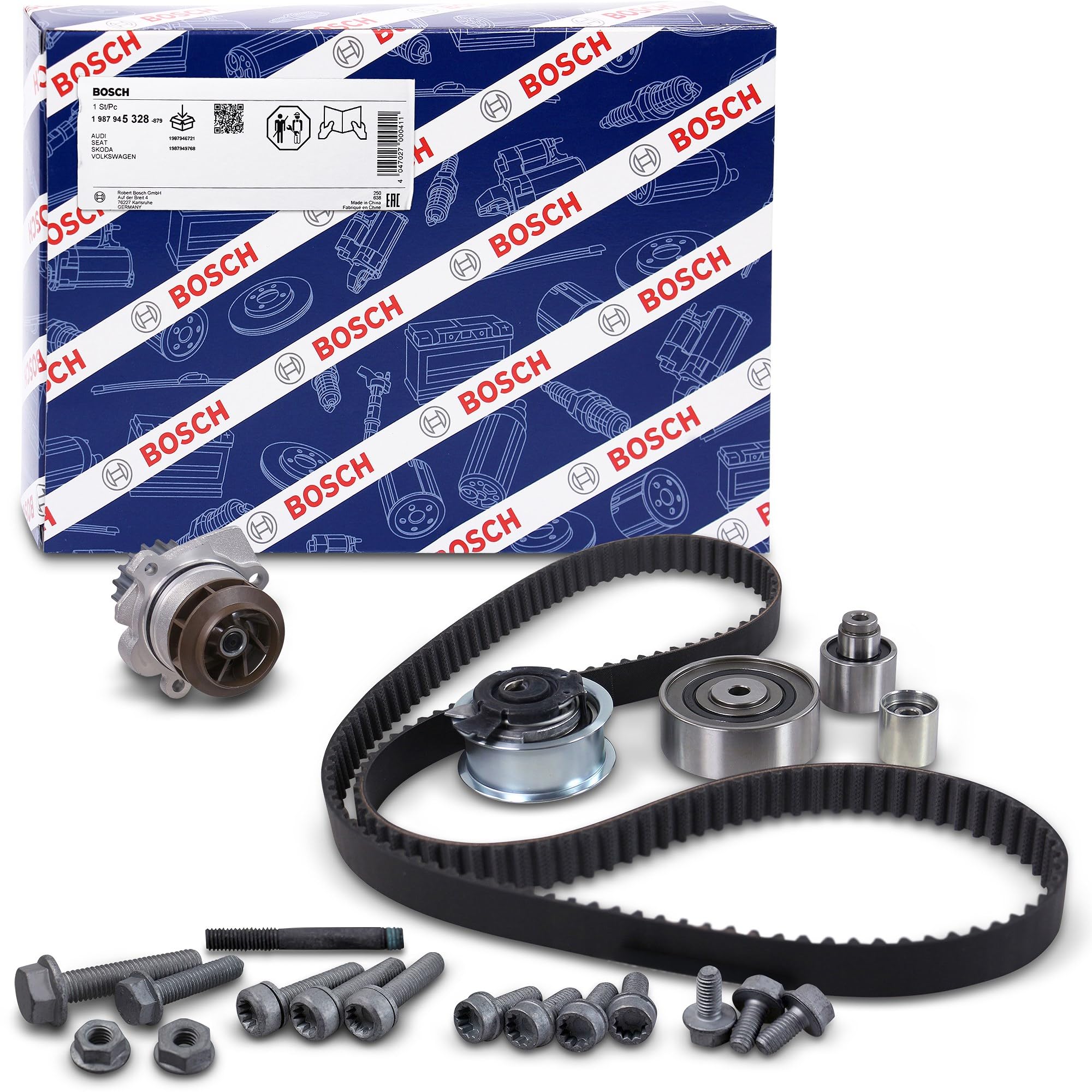 BOSCH 1 987 945 328 Kit cinghia distribuzione pompa acqua N° denti: 160 25 mm Compatibilità con VW Polo Hatchback 6R1, 6C1 Golf 6 5K1 TIGUAN 5N, AUDI A3 Sportback 8PA A3 Hatchback 8P1