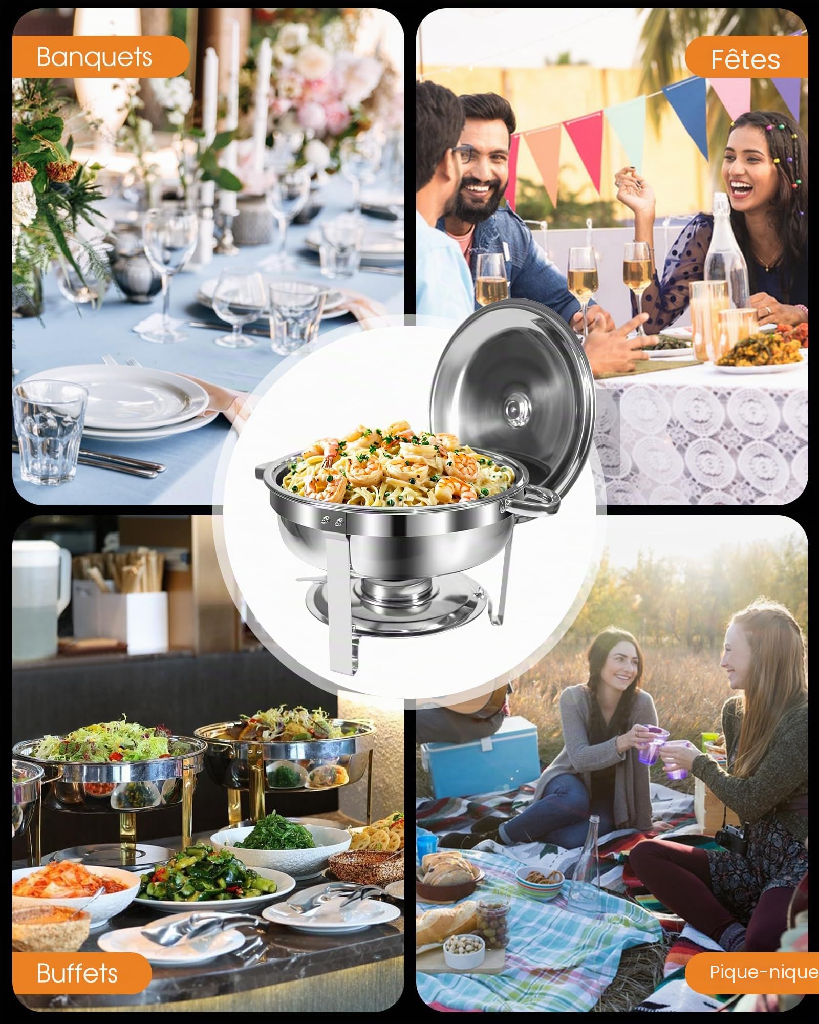 Chafing Dish Buffet Lot de 4 récipients de Conservation au Chaud en Acier Inoxydable - 5 l - Robuste et de qualité supérieure - avec Pinces de Service - Rondes - Argenté
