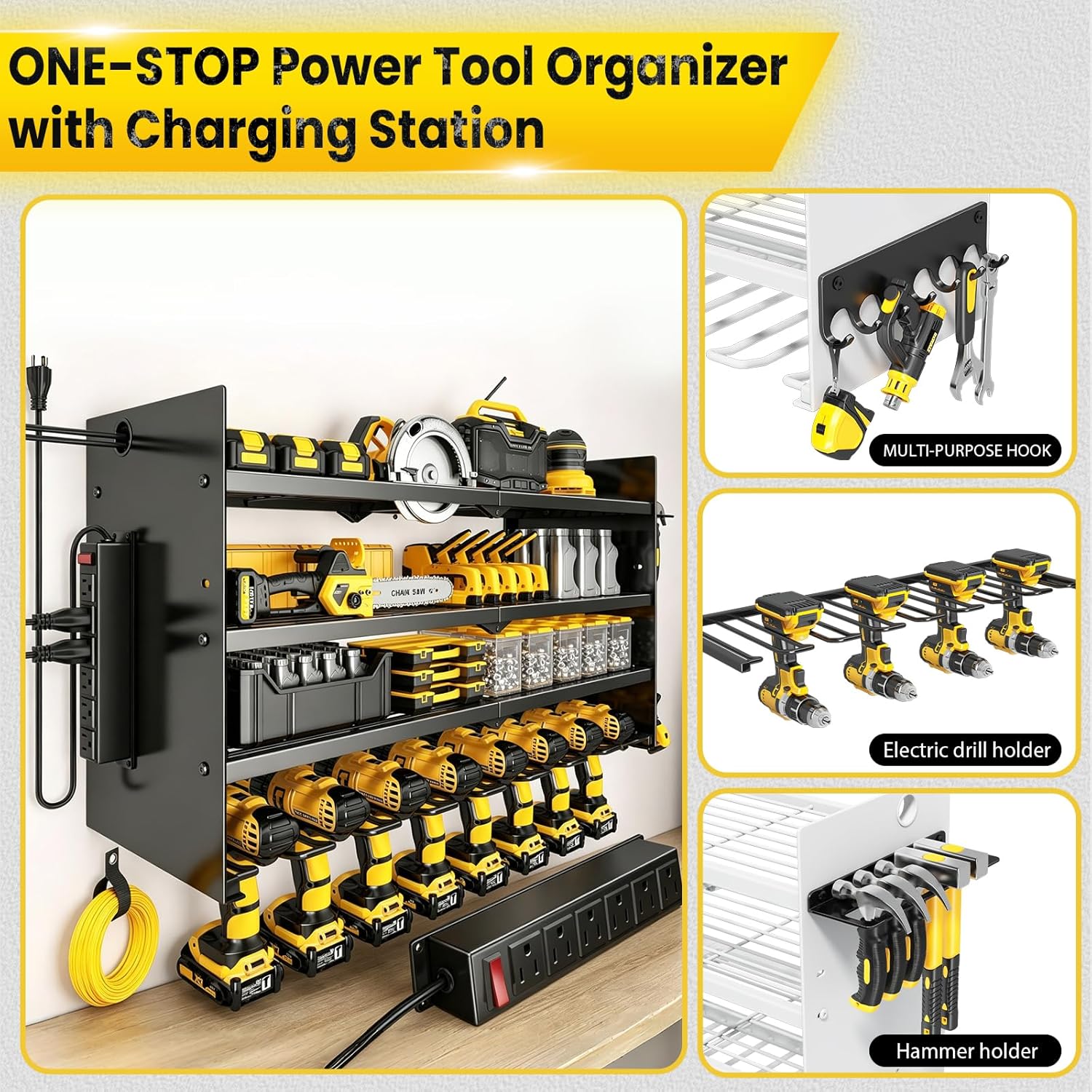 Hipidian Heavy Duty Adjustable Power Tool Organizer Wall Mount with Charging Station - 650lb Capacity 4 Layer Storage Rack with 8 Drill Holders for Garage Workshop Tools, Gifts for Men