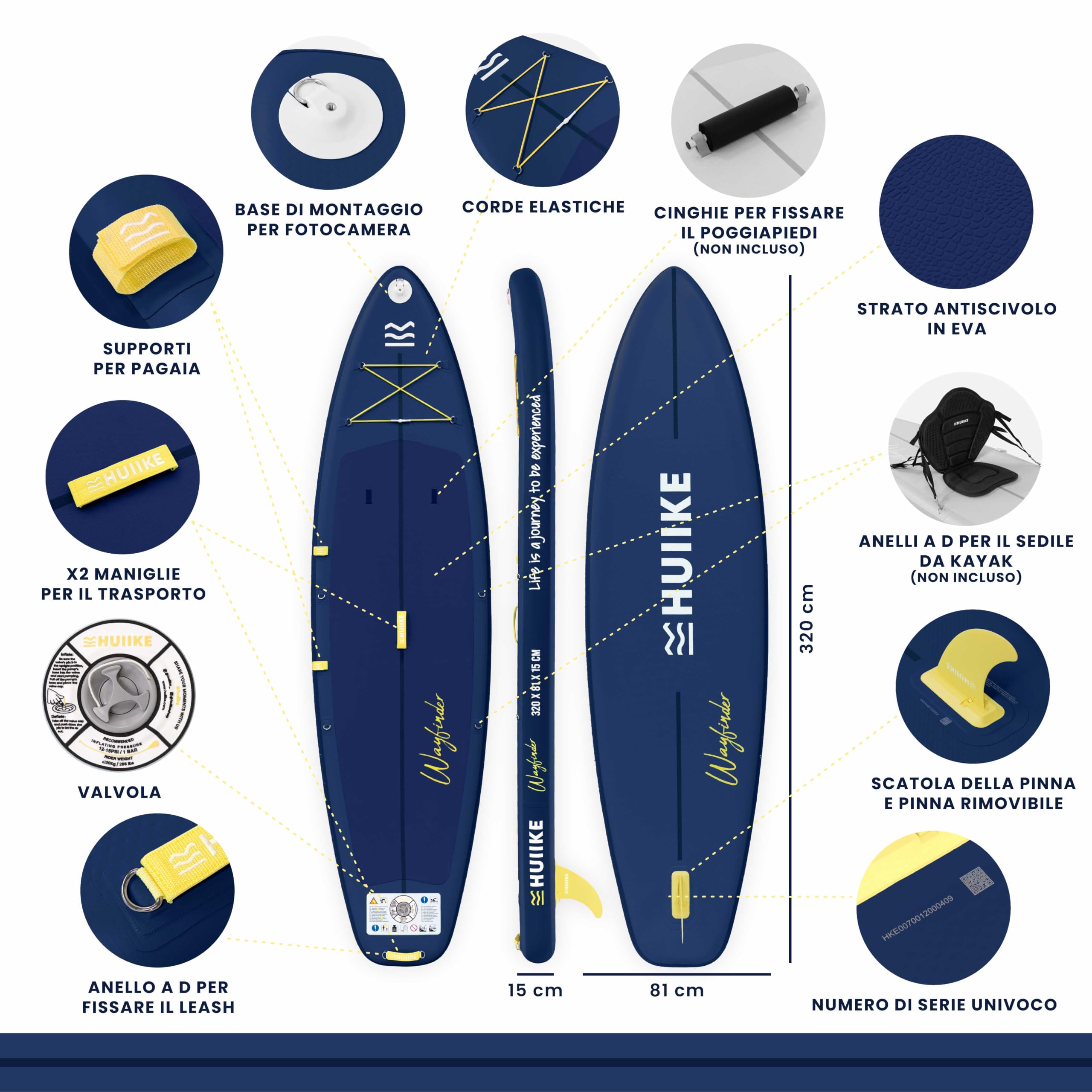 HUIIKE Tavola Sup Gonfiabile Adulti Touring con Accessori Inclusi, Pagaia, Pinna, Leash, Pompa e Zaino. Stand Up Paddle Board di Grande Stabilità e Resistenza. Convertibile in Kayak