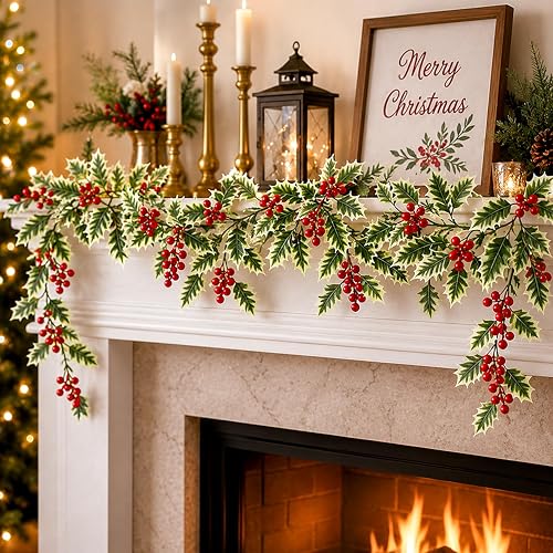 RAINFLOW Christmas Garland with Holly Berry Vine - Artificial Xmas