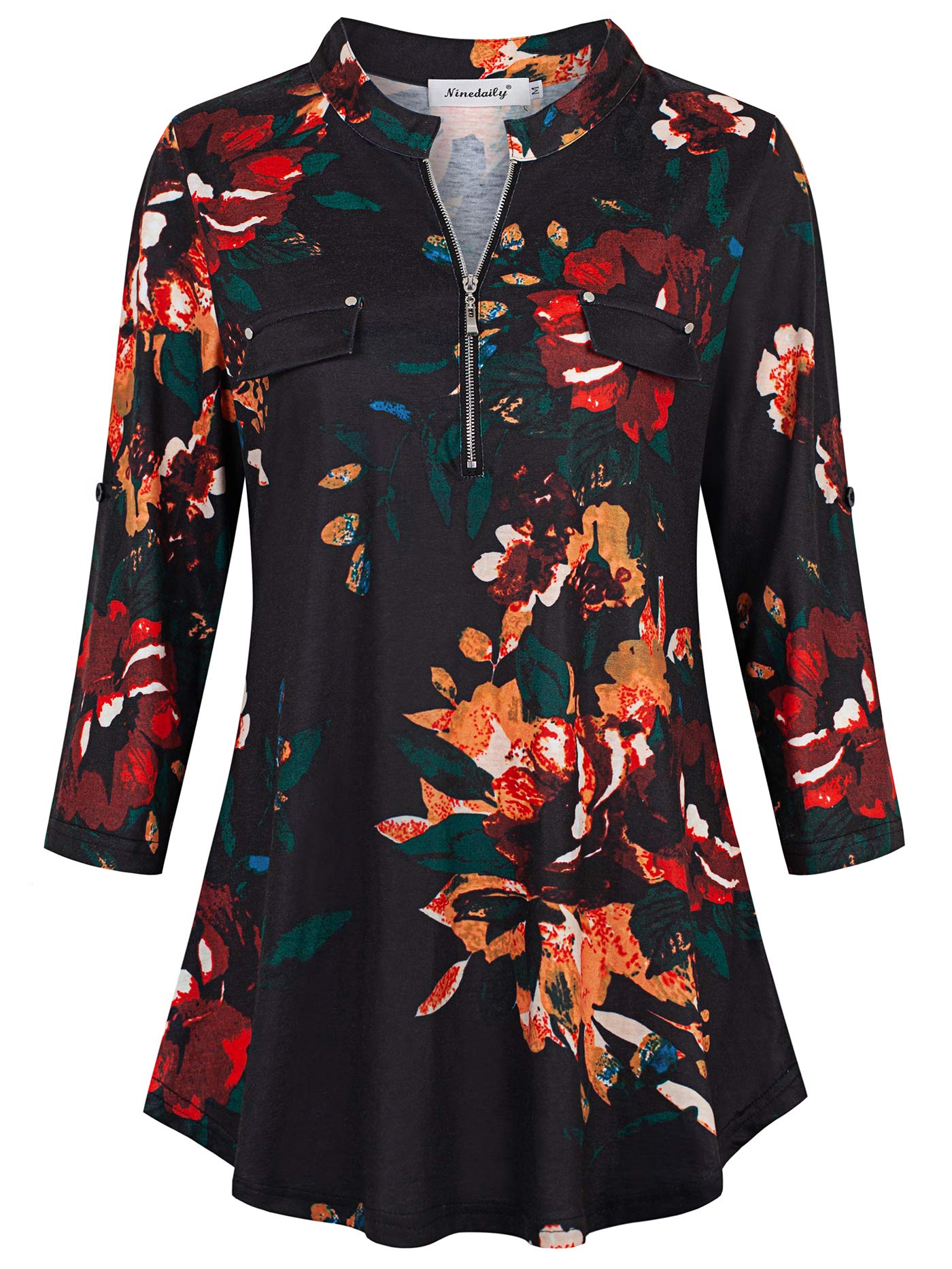 Ninedaily Women's 3/4 Sleeve Plaid Shirts Zip Floral Casual Tunic Blouse Tops: Large Black Orange