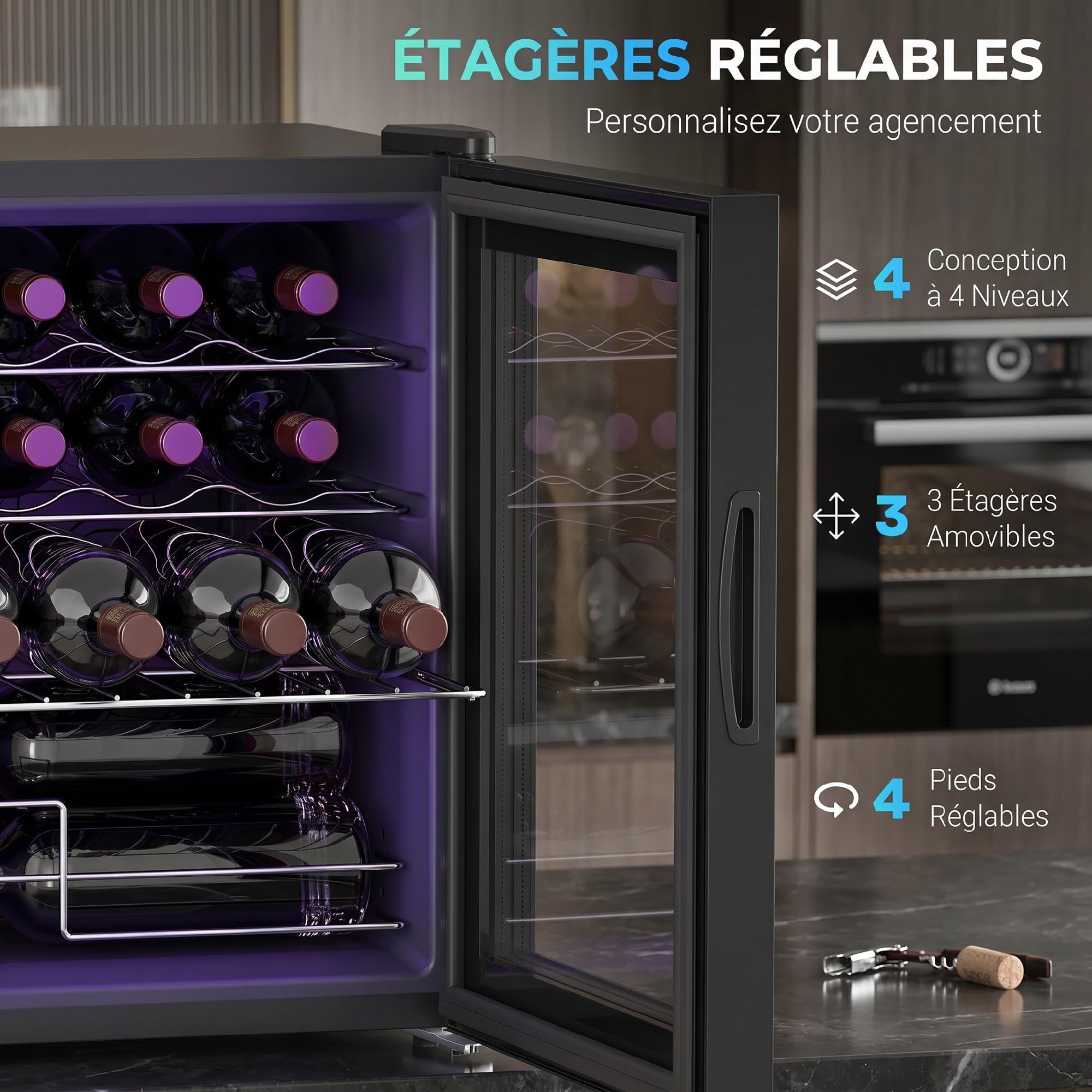HOMCOM Cave à Vin 16 Bouteilles 42L, Réfrigérateur à Vin et Boissons avec Température Réglable 5-18°C, Porte en Verre Trempé, Étagères Ajustables, Écran Tactile, Éclairage LED, Noir