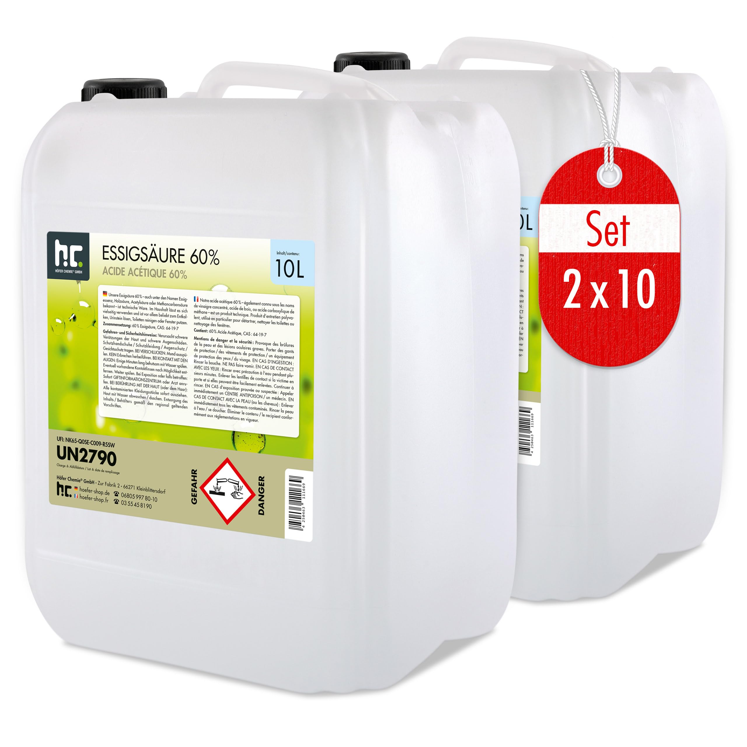 Höfer Chemie 2 x 10 L Essigsäure 60% - optimaler Reiniger und Entkalker - Premium Qualität Made in Germany - frisch abgefüllt im handlichen Kanister
