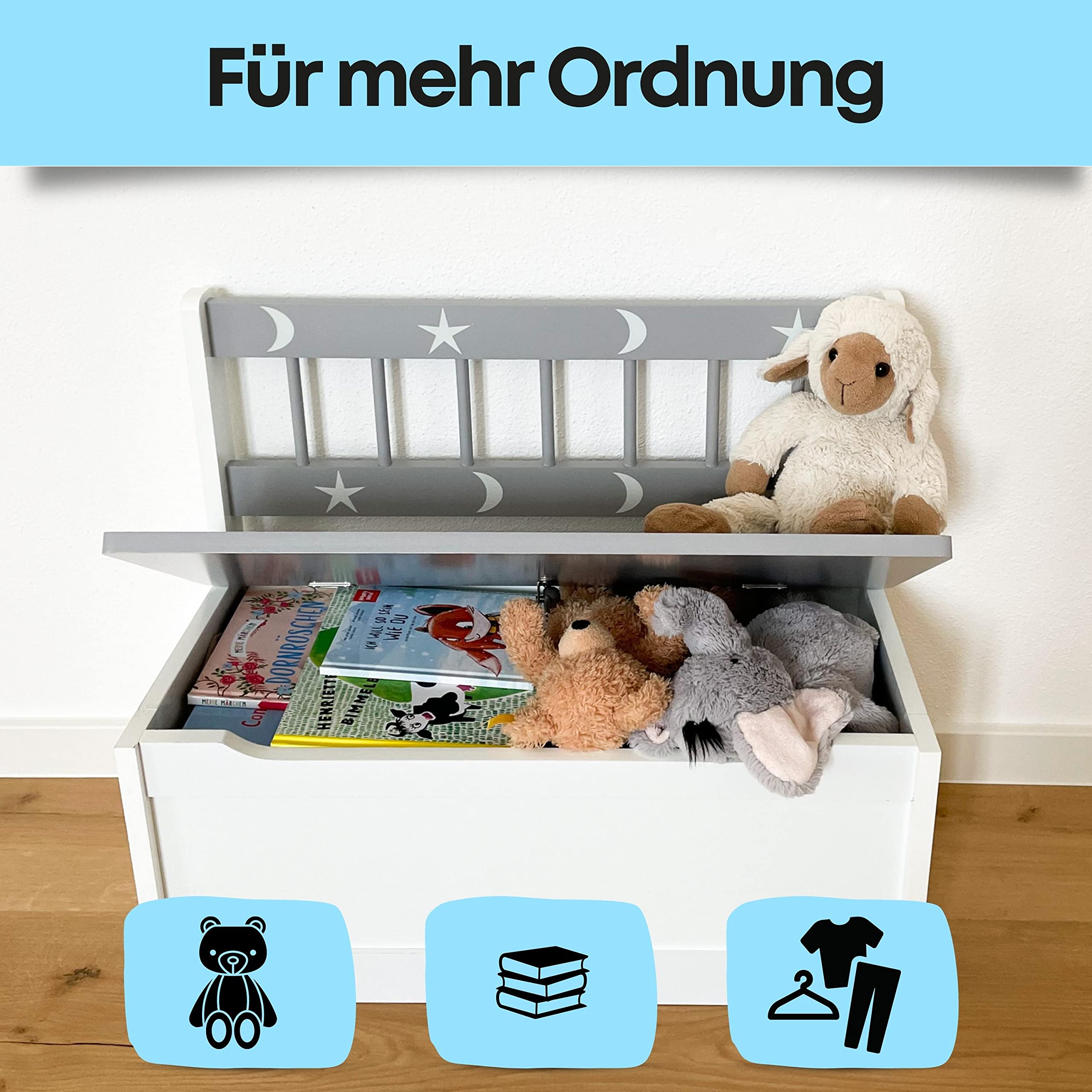 Schauer Kindersitzbank mit Stauraum aus Nadelholz - Spielzeugtruhe mit Sternenmuster 60 x 50 x 30 cm - Sitzbank/Sitztruhe für Kinderzimmer Aufbewahrung Ordnung grau/weiß