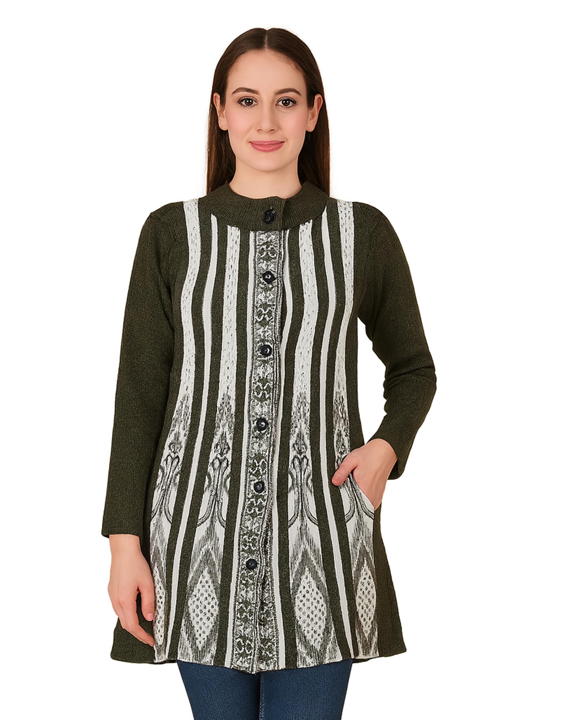 manra Women’s Woolen Long Cardigan Sweater with Side Pockets – Round Neck, Full Sleeve Front Button Knitwear, Ethnic Striped Design Winter Sweater for Ladies-picture-31
