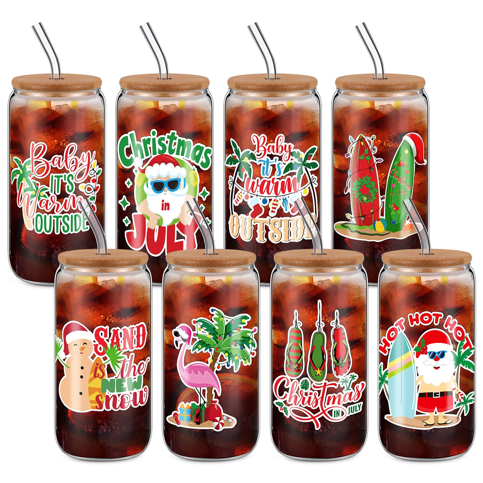Sliner 8 Pcs 18oz Christmas in July Mason Jar Cups Summer Christmas Gift Mug with Lid and Straw Yulefest Tumbler Glasses Coffee Cups Jar Water Glassware Home Yuletide Decorations Gift for Women Men