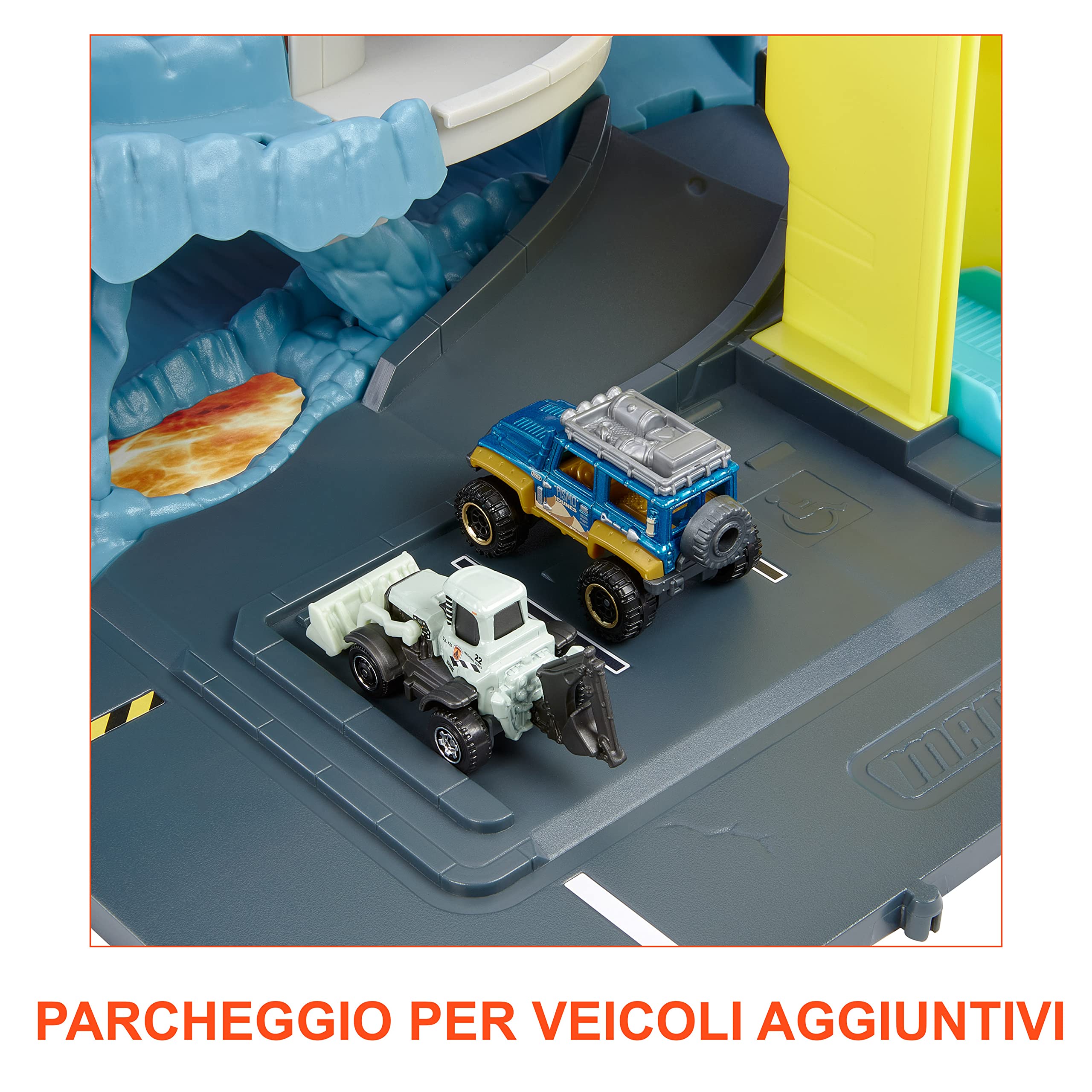 Matchbox - Fuga dal Vulcano Playset, include 1 veicolo Matchbox, funzioni, luci e suoni del vulcano che erutta attivabili con le macchinine, Giocattolo per Bambini 3+ Anni, HHW21