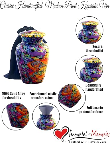 Miniatura 6 de Urna de recuerdo con estampado moderno, mini urna de cremación colorida para cenizas, urna de funeral de teñido anudado hecha a mano y conmemorativa