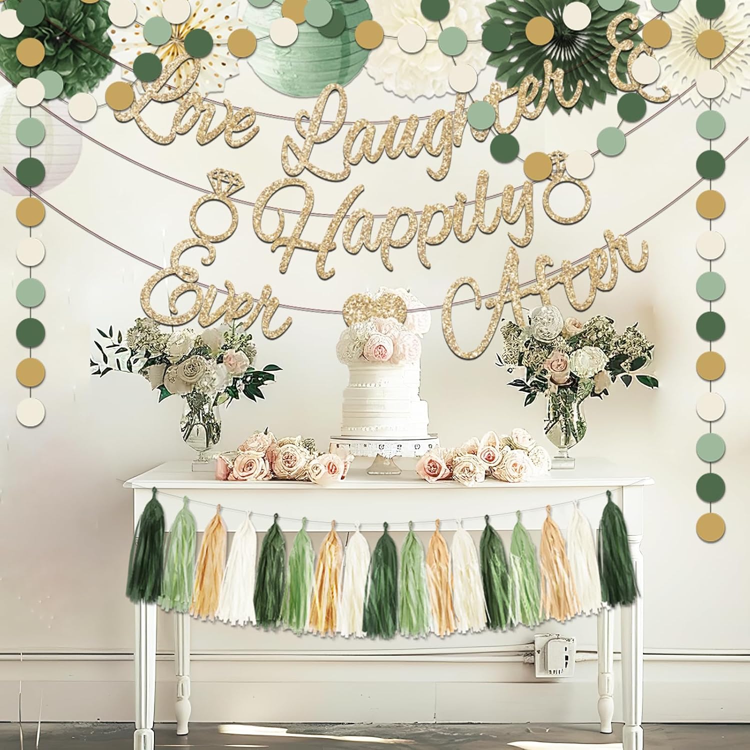 Bridal Shower Decorations,Sage GreenBridal Shower Decorations Includes Love Laughter Happily Ever After Decorations Paper Flower Ball for Wedding Bachelorette Party Decorations