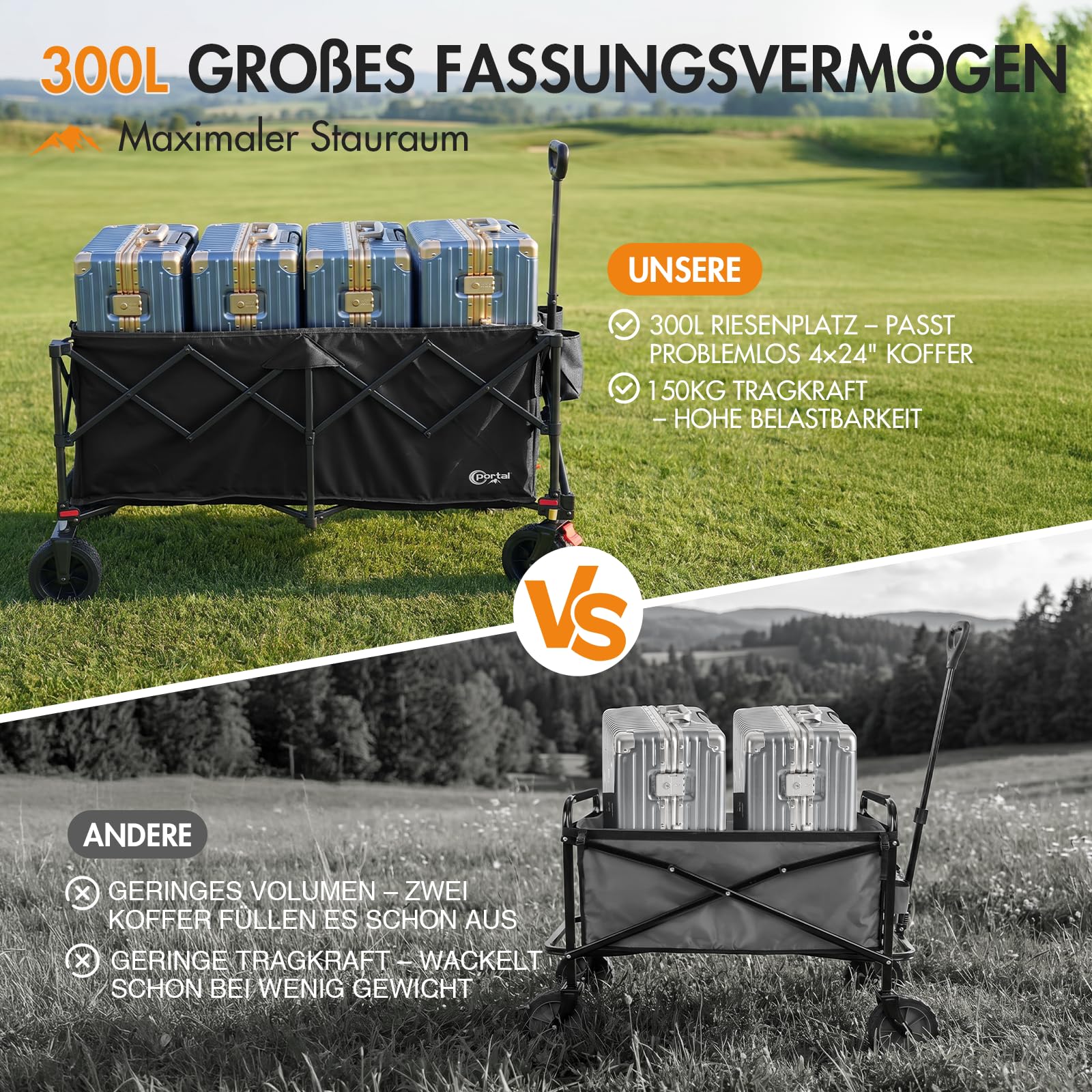 Bollerwagen faltbar 300L XXL Ladefläche 150kg belastbar Handwagen mit Getränkehalter Transportwagen klappbar Strandwagen Faltwagen für Garten Camping Festival