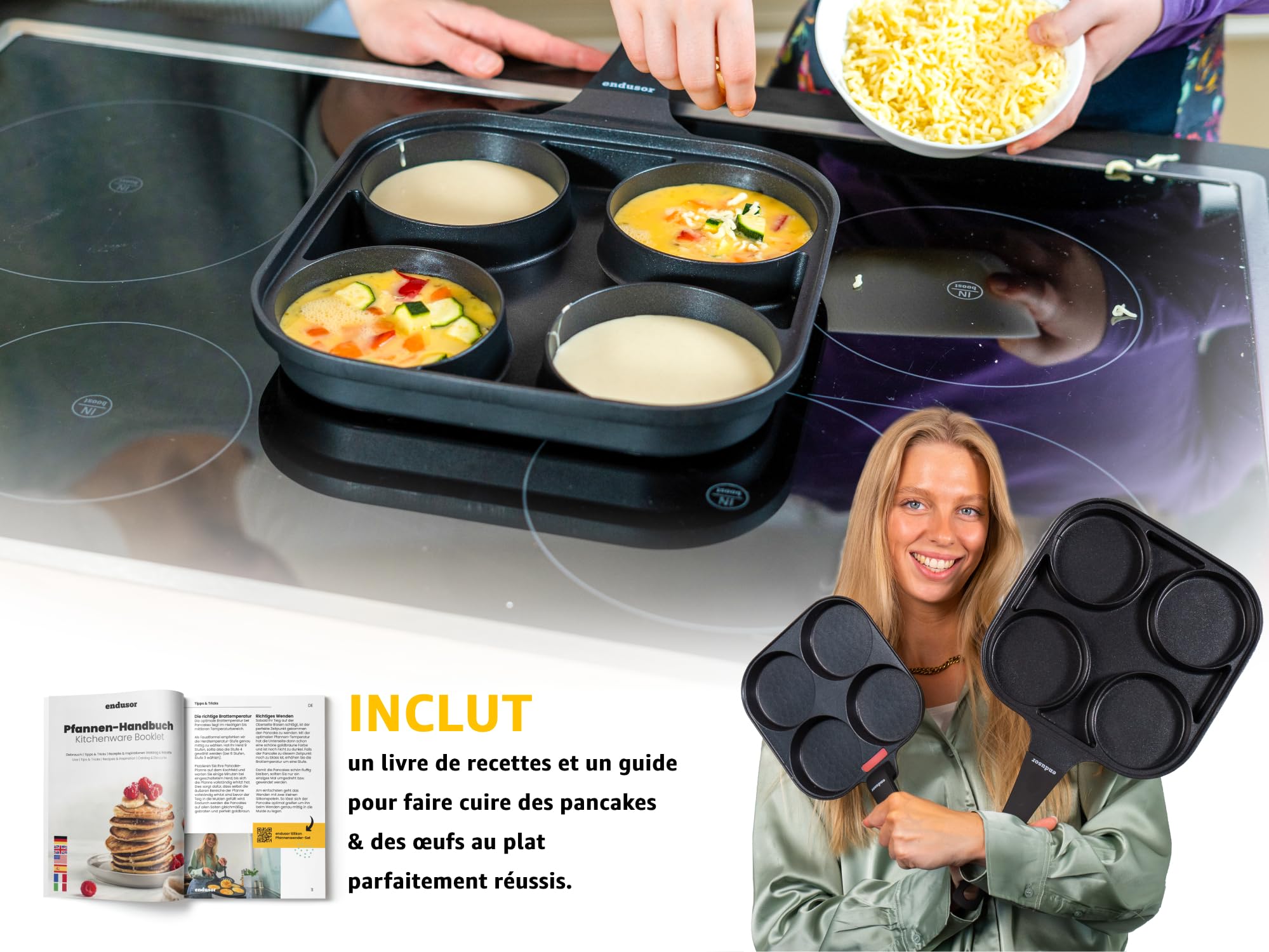 endusor Poele Pancakes et oeuf au plat - Poele de 27 cm adaptée à toute cuisinière + revêtement anti-adhésif & couvercle | Induction Gaz Céramique Électrique Halogène | 4 trous pour oeuf crêpe