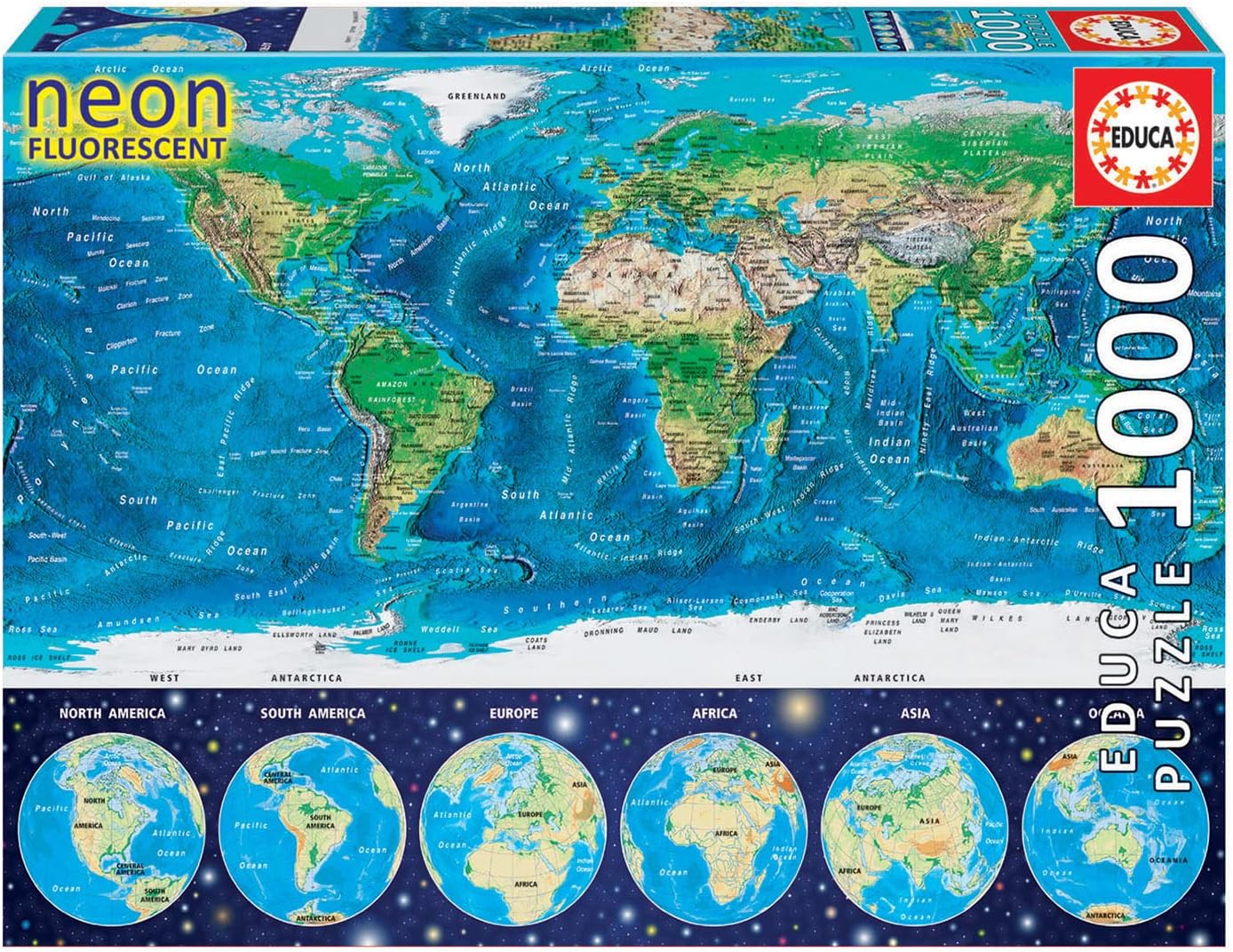 KD Toys Educa Borras 16760 "Neon World Map Puzzle (1000-Piece)The Forest Stewardship Council