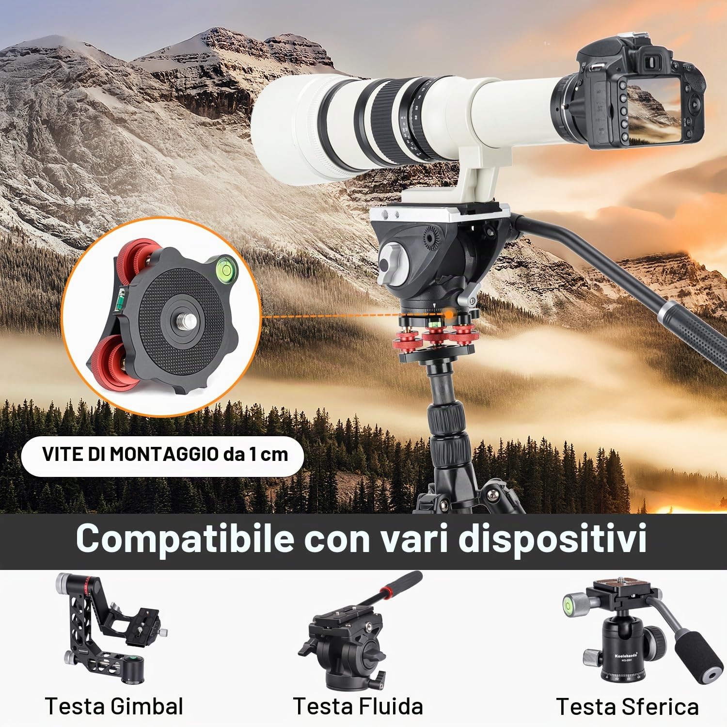 Koolehaoda Base di livellamento con livella a bolla e vite da 3/8", 3 quadranti con regolazione di precisione di +/-5 gradi, costruzione in lega di alluminio per treppiede per fotocamera