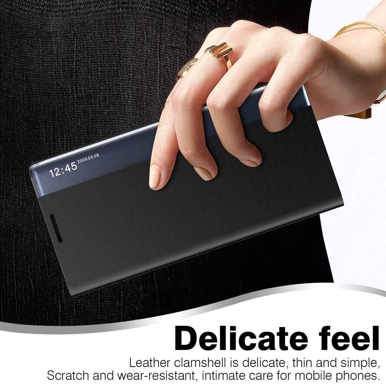 GOKEN Etui do telefonu Samsung Galaxy S21 FE 5G, wysokiej jakości skóra PU/PC, wewnętrzna powłoka z klapką z lustrzanym okienkiem, inteligentny widok, składana podpórka na telefon, czarne