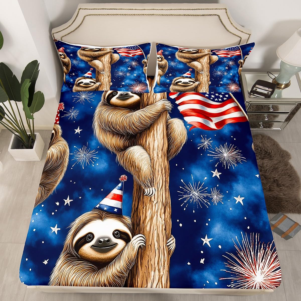 Erosebridal Kids Sloth Bedding Set American Flag Queen Fitted Sheet Happy Independence Day Bed Sheets Cute Cartoon Wildlife Animal Fitted Bed Sheet for Boys Girls Teen Room Decor