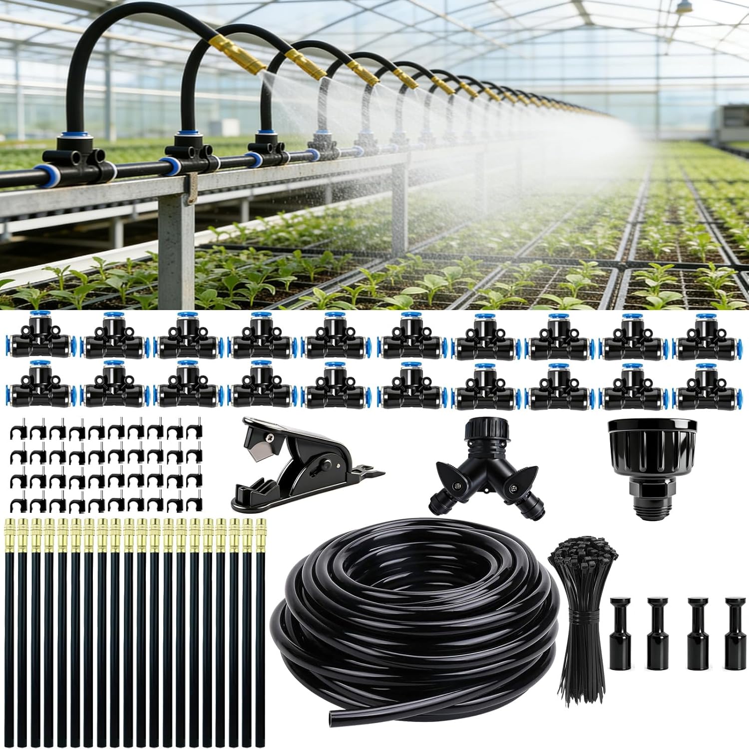 2026-Upgrade 100Ft 1/4" Drip Irrigation System,Garden Watering Kit with 20Pcs 360° Adjustable Copper Nozzles,Automatic Atomizing Sprinkler,DIY for Outdoor,Lawn,Greenhouse,Raised Beds (100FT/20pcs)