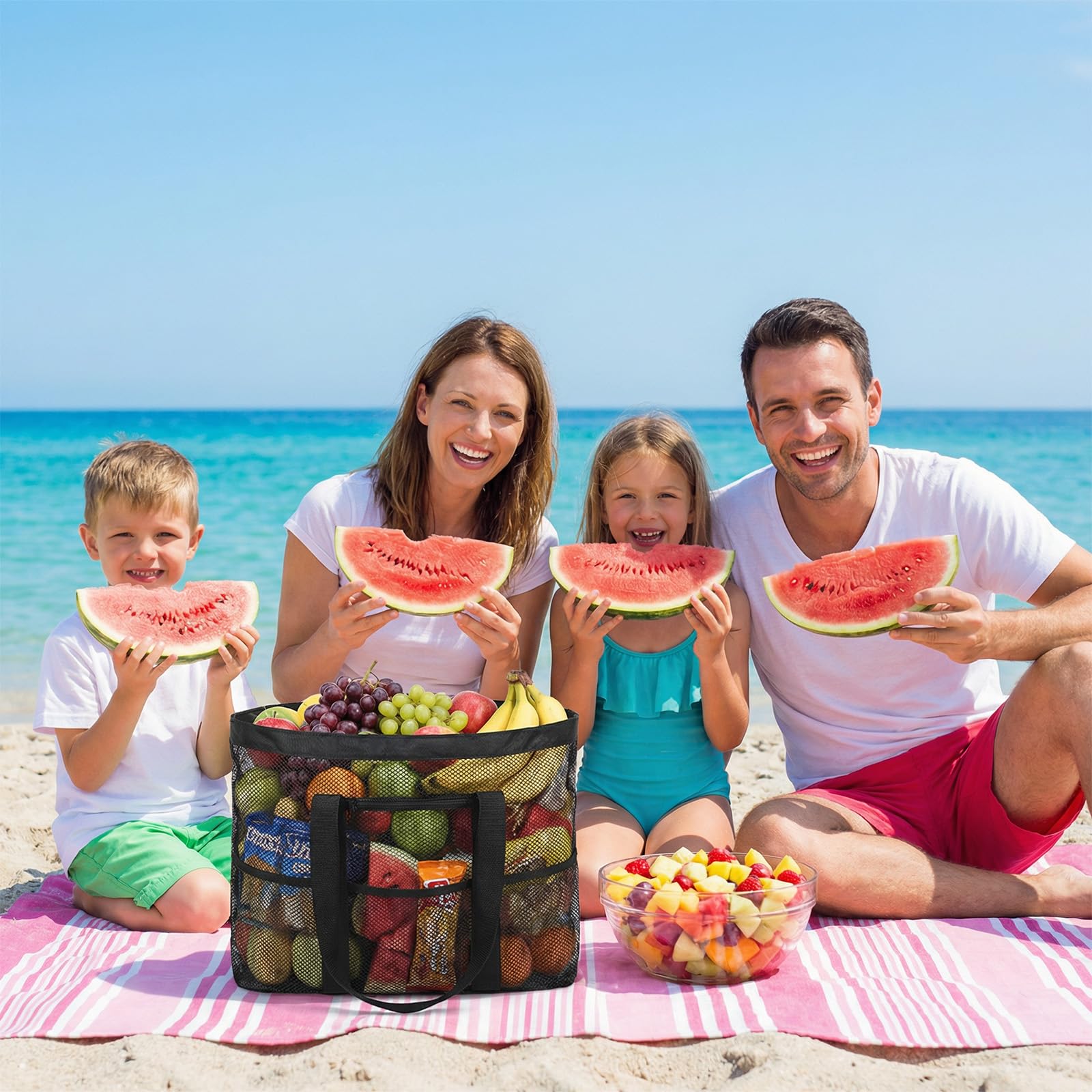 1 torba plażowa z siatki dla kobiet, torba plażowa z kieszenią na plażę, urlop, basen, do studia fitness, torba na zakupy wielokrotnego użytku (czarna, 33 x 33 cm)