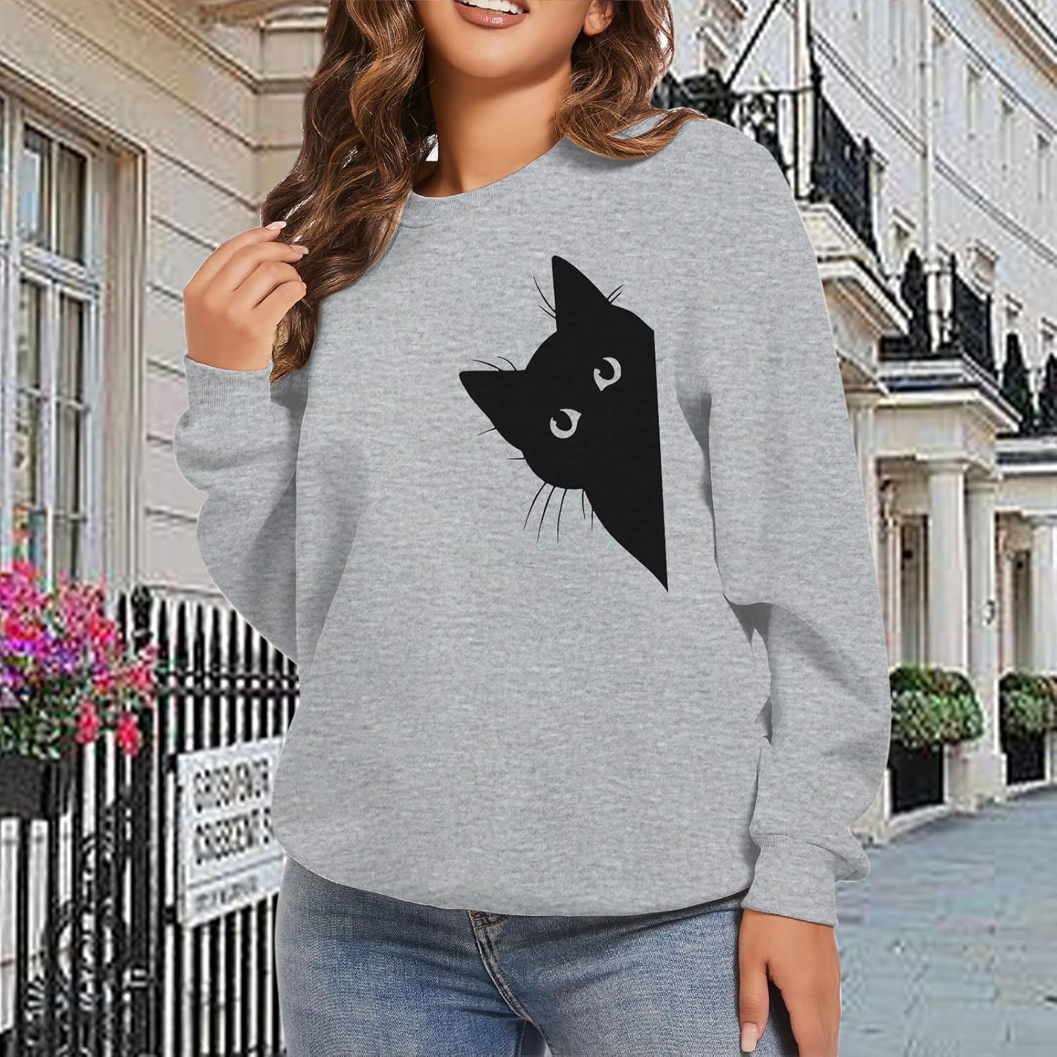 Cat Sweatshirts for Women Graphic Print Sweatshirt Funny Long Sleeve Shirt Cute Pullover Lightweight Hoodie Tops - Image 4