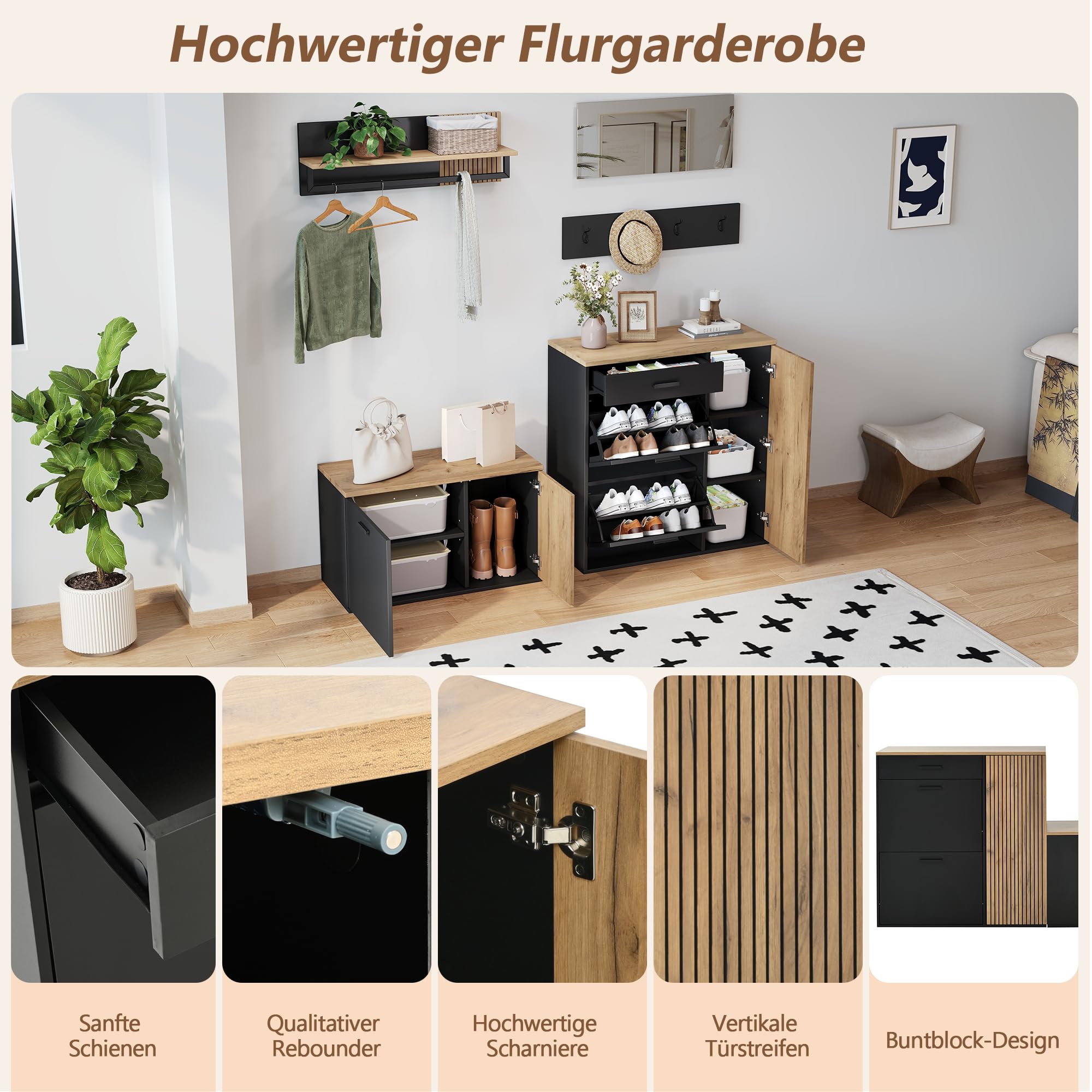 Kebnor Garderoben-Set, Schrank, Kommode, Spiegel, 2 Schuhschrank, ohne Dekoration, Garderobenpaneel mit Spiegel, Hutablage und 4 Haken,Schuhschrank mit Schuhbank, Flur mit Stauraumtrennwand