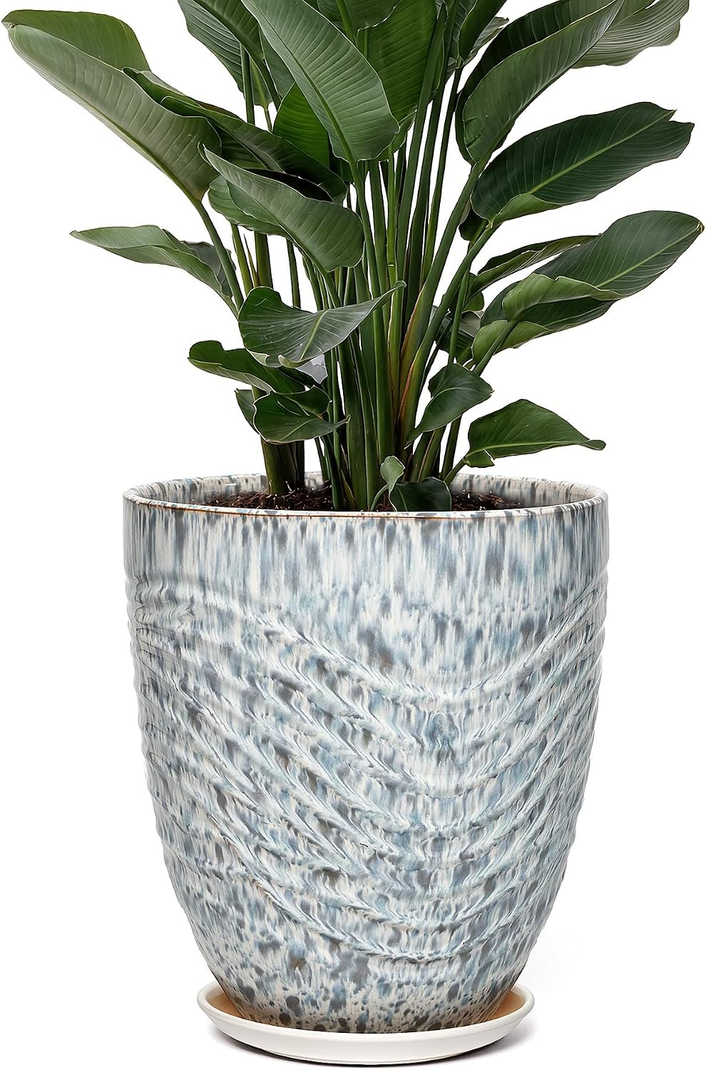 9.5 Inch Modern Ceramic Plant Pot with Saucer, Flower Pot with Drainage Hole Mesh Net,Indoor Outdoor Planter (Spotted Blue)