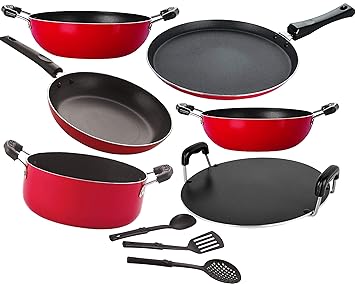 Nirlon Non-Stick Aluminium Heavy Guage Cookware Set for Cooking, Red & Black -9-Pieces [26_FT13_KD12_KD13_RT_Cass20_TP24_3SPN]