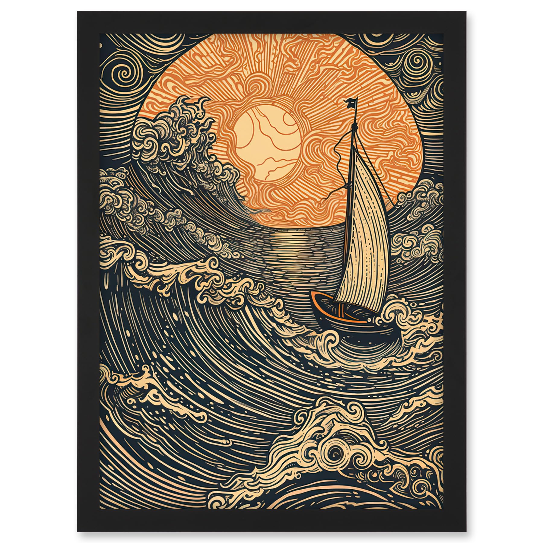 Artery8 Boat Sailing into the Sunset Linocut Illustration Artwork Framed A3 Wall Art Print