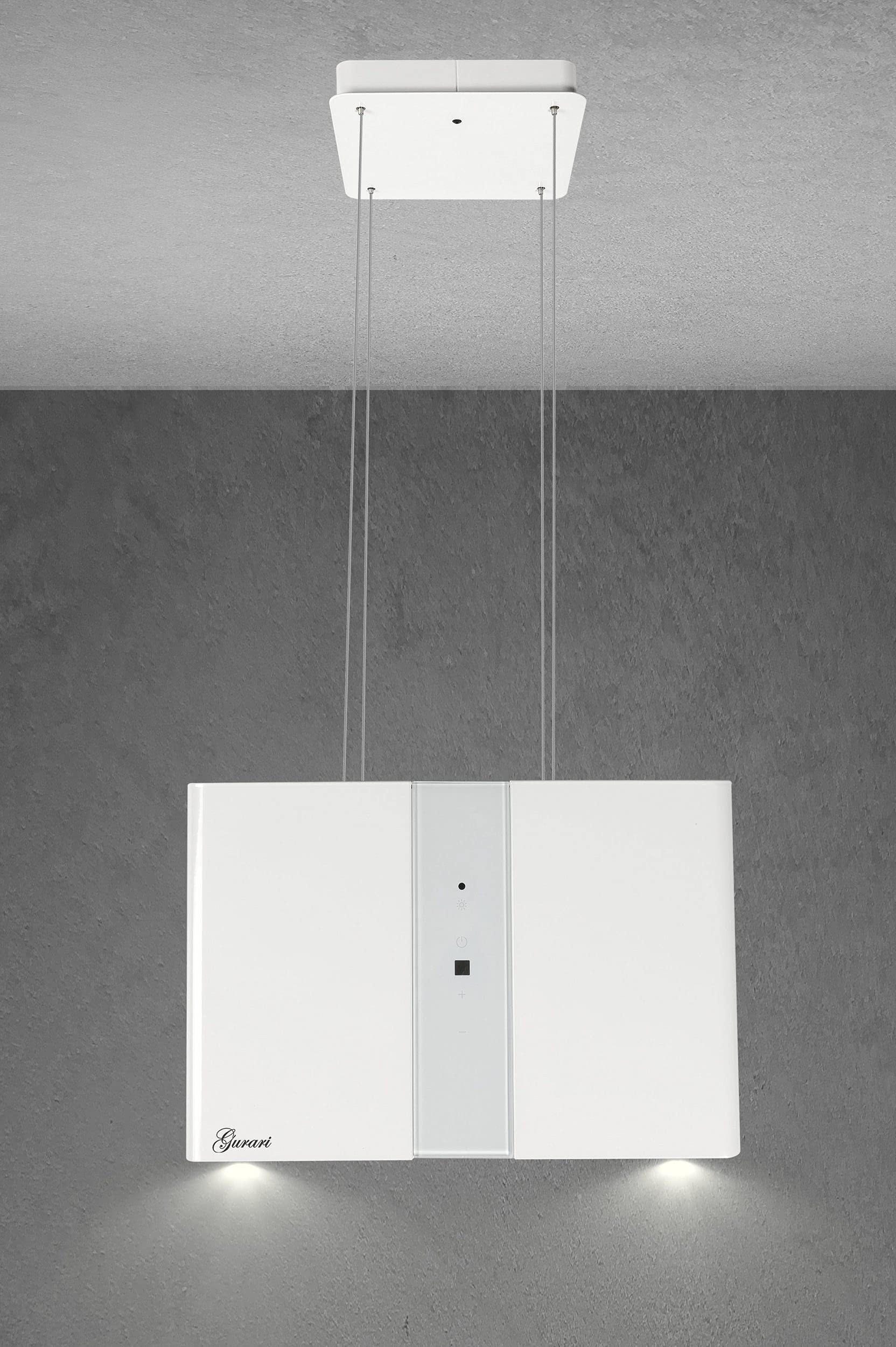 Cofano ad isola GURARI GCH I 331 45 WH PRIME, cofano ad isola a ricircolo 45 cm, cofano a soffitto, 1000m³/h, bianco, vetro bianco, 4 livelli, display, illuminazione LED