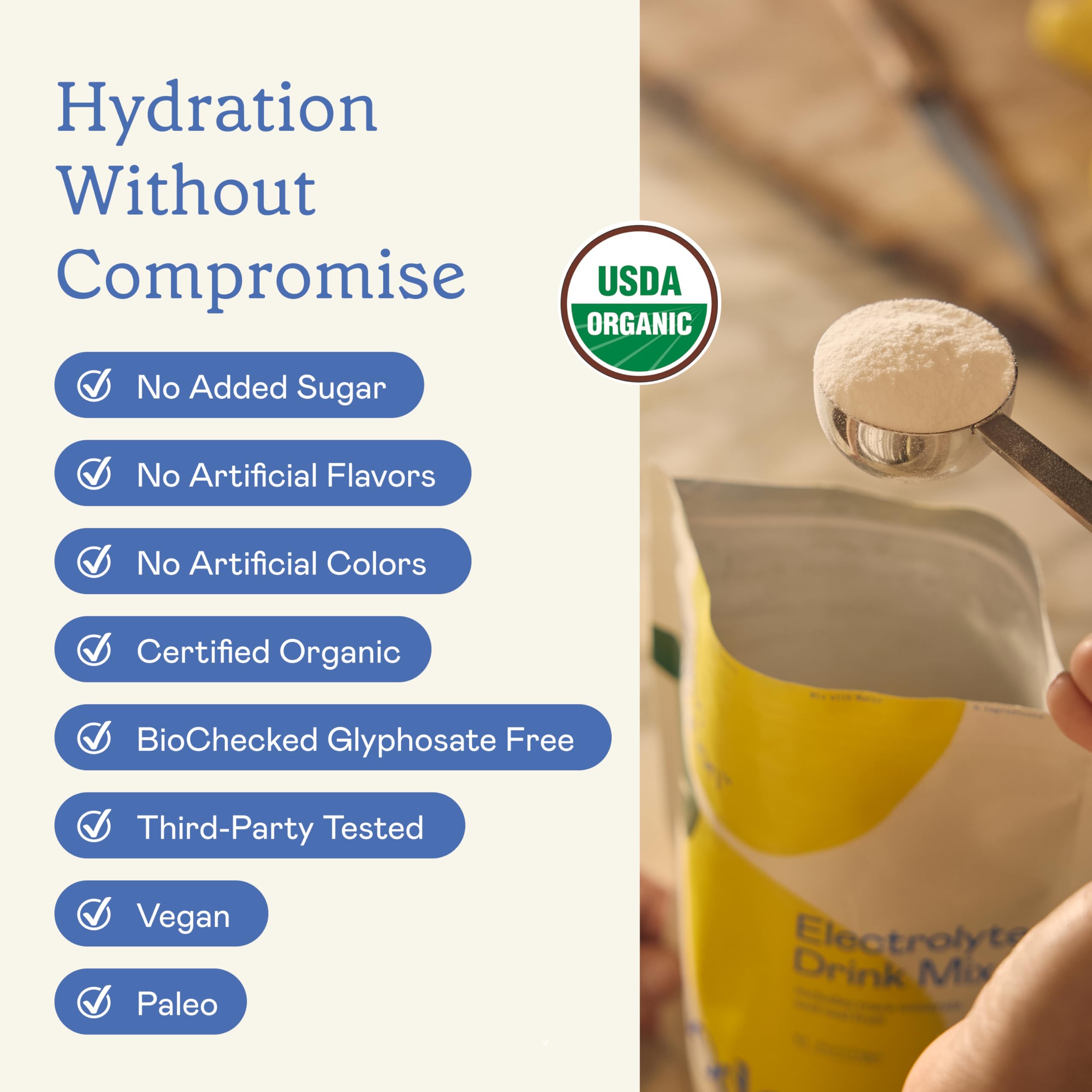 GoodOnya Organic Hydration Electrolyte Drink Mix, Certified Organic Hydration Powder, Non-GMO, Biochecked Glyphosate Free, Low Sugar, Lemonade Flavor, No Artificial Flavors, 20 Servings — Amazon image 5