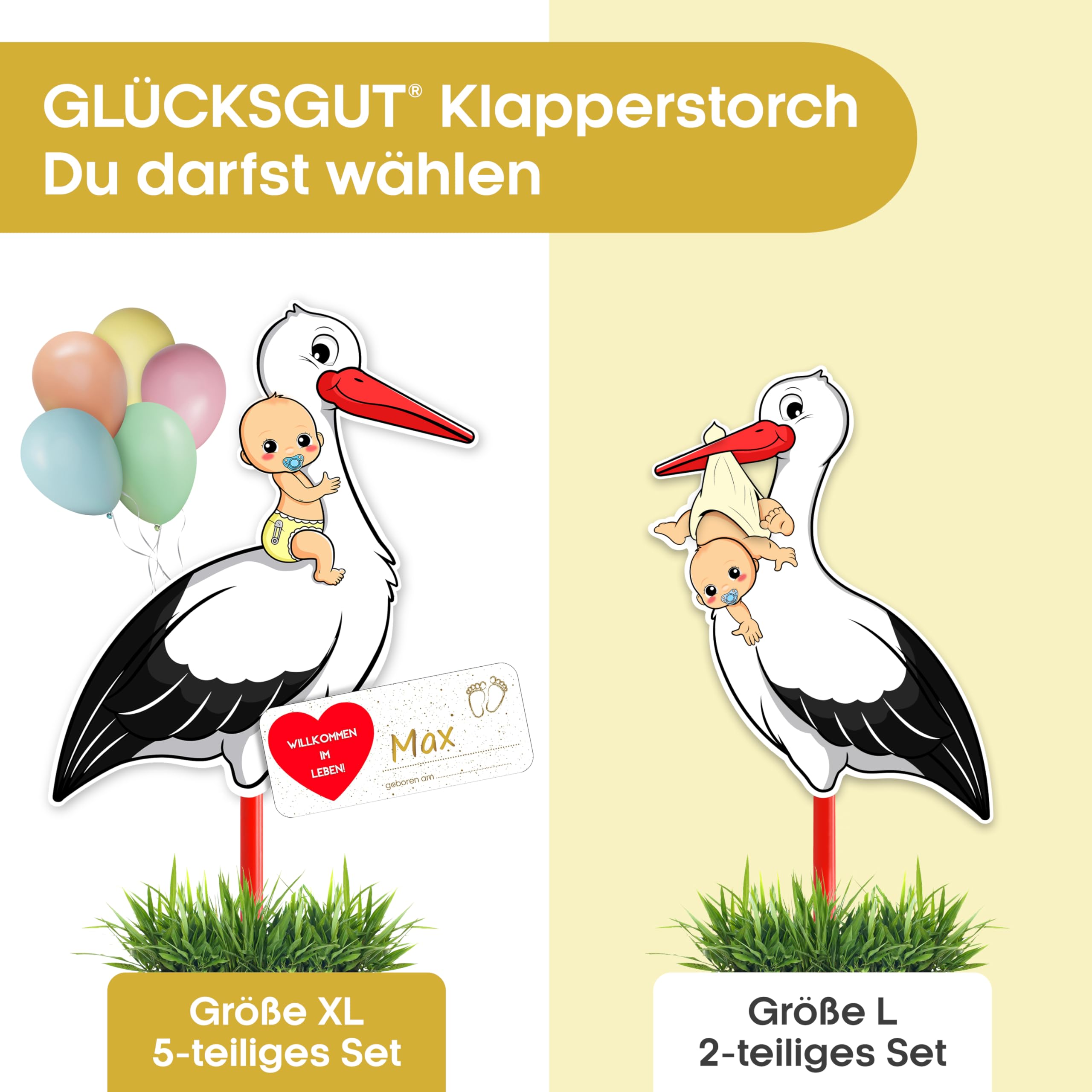 GLÜCKSGUT® Klapperstorch Baby Gelb, 88 cm | 2-teiliges Set | Geburtsstorch inkl. Bambusstab + Grußkarte | Storch Geburt für Draussen & Drinnen | Geburtsgeschenk