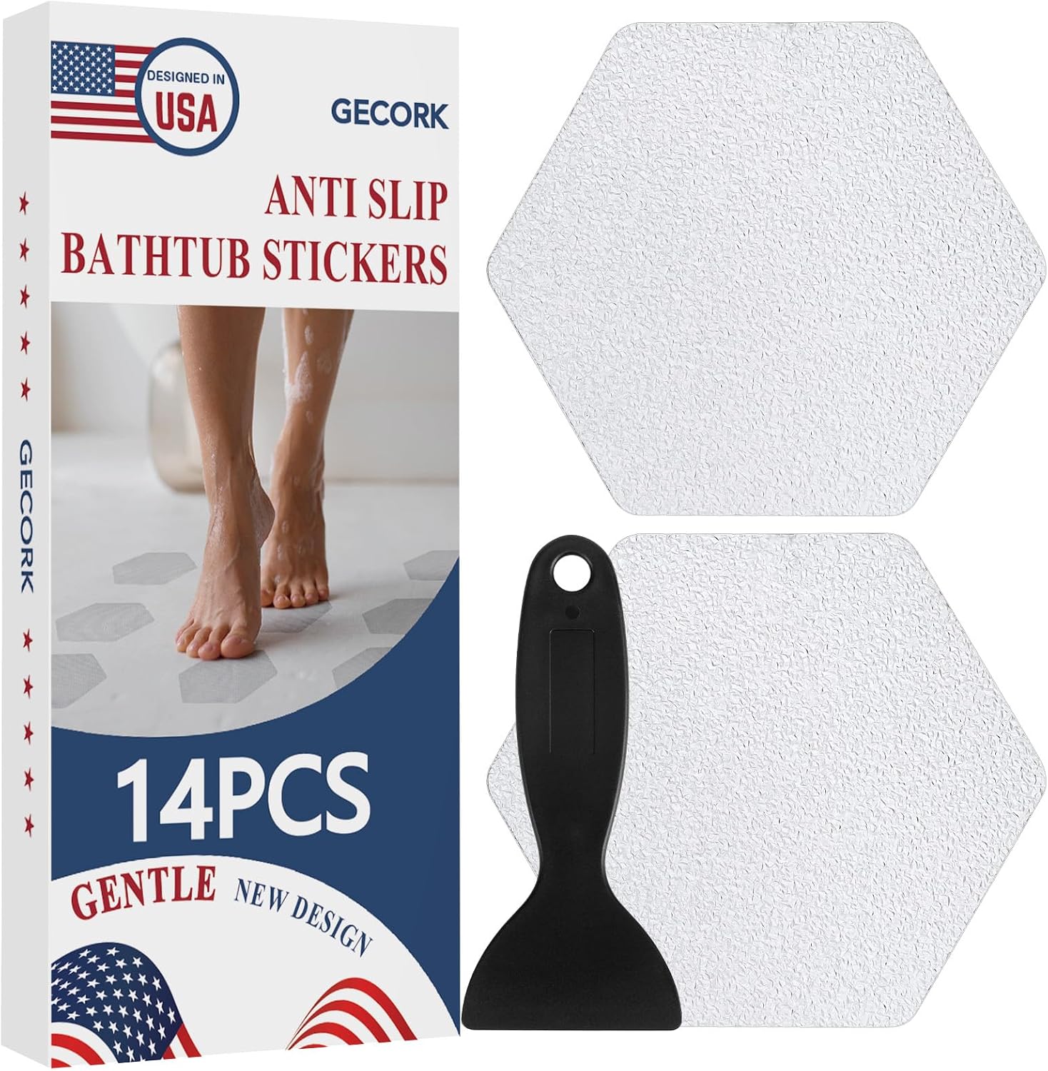 Gecork 14PCS Anti-Slip Shower Stickers with Scraper, Clear, Hexagonal