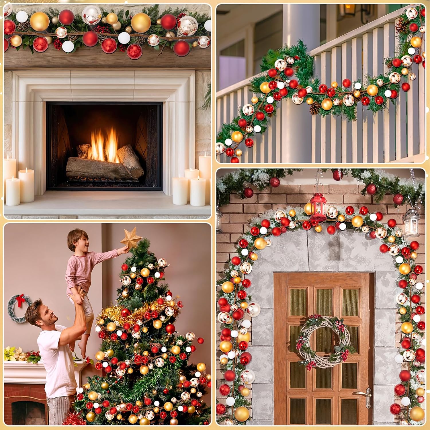 2 Pcs Red Gold Christmas Ball Garland Ornament 6Ft, Christmas Ball Ornaments Xmas Shatterproof Hanging Décor for Xmas Tree Holiday Party Decorations