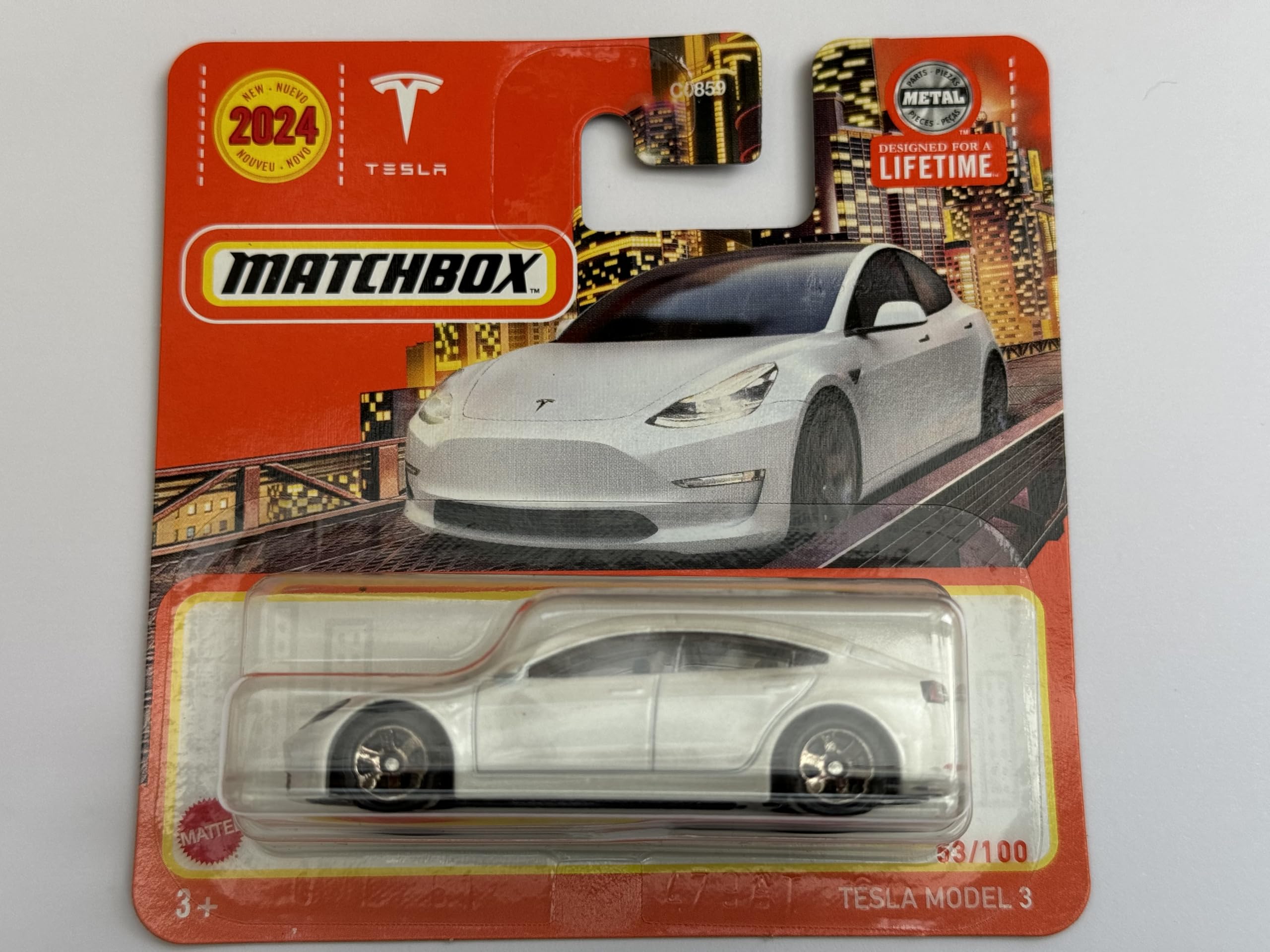 2024 Matchbox Tesla Model 3 Metallic White 53/100 (Short Card) HVN50