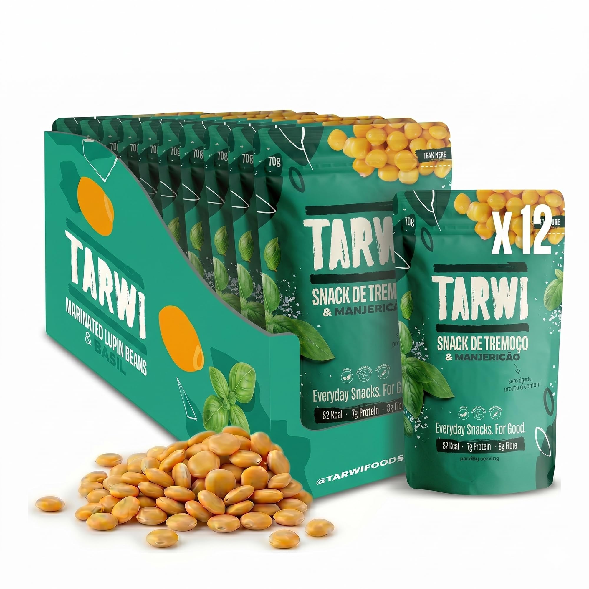 Tarwi 100% natürliche Lupinen mit Basilikum Eiweißreicher Keto Snack Zuckerarmer Beutel Pflanzliches Eiweiß Kohlenhydratarmer Ballaststoffreicher Veganer Snack Marinierte Lupinibohnen - 12 x 70g